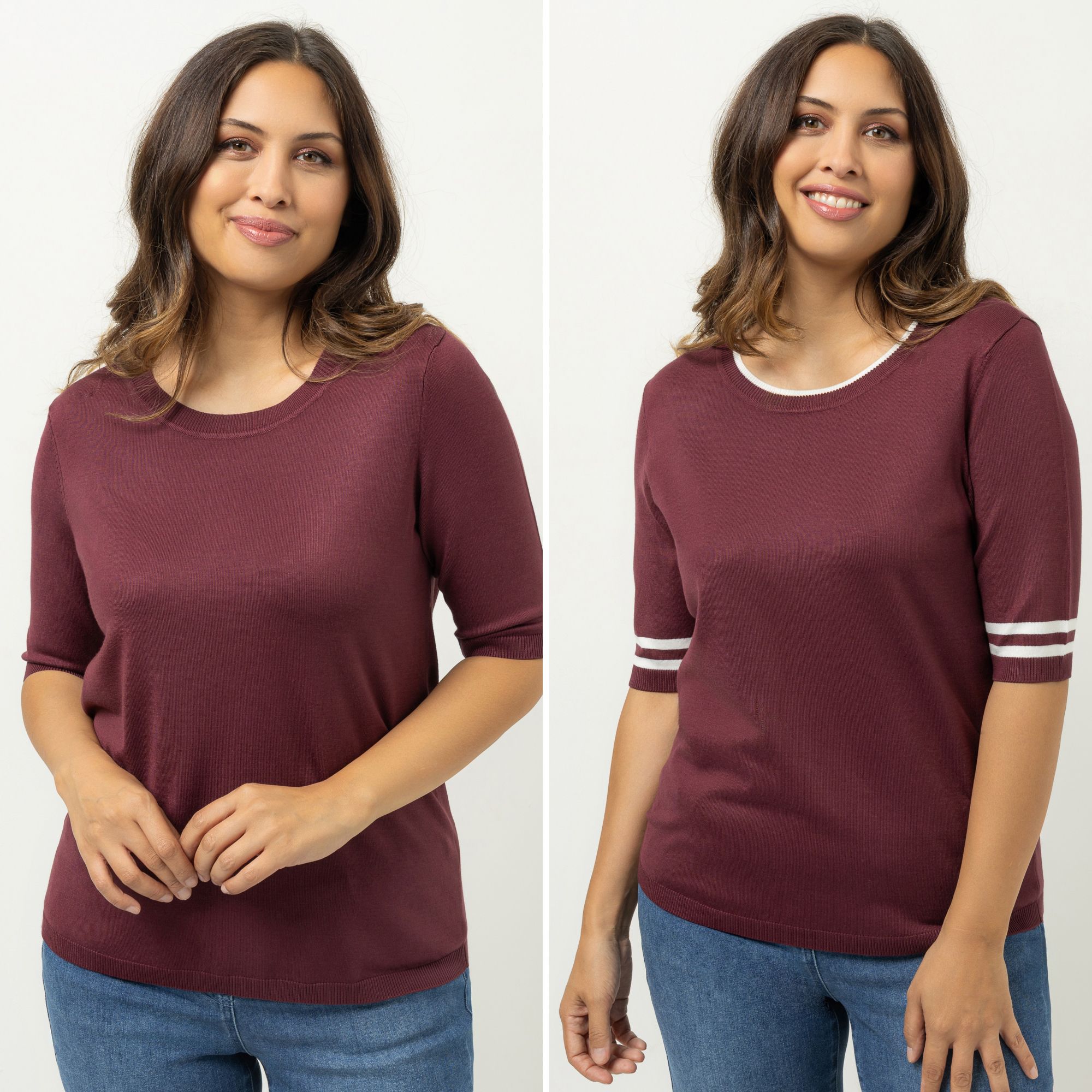 DENIM & CO. Doppelpack Pullover langer 1/2-Arm Rundhalsausschnitt uni&Kontraststreifen