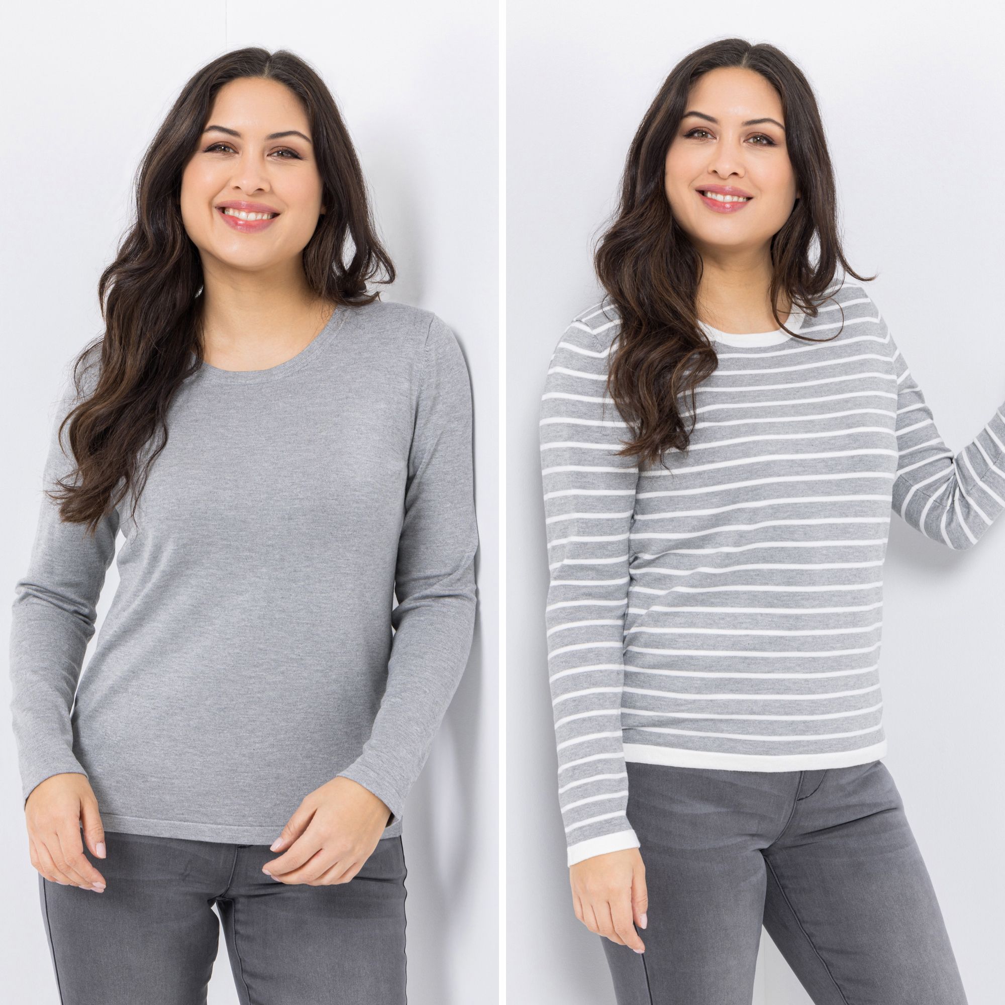 DENIM & CO. Doppelpack Pullover Rundhalsausschnitt uni & gestreift figurumspielend