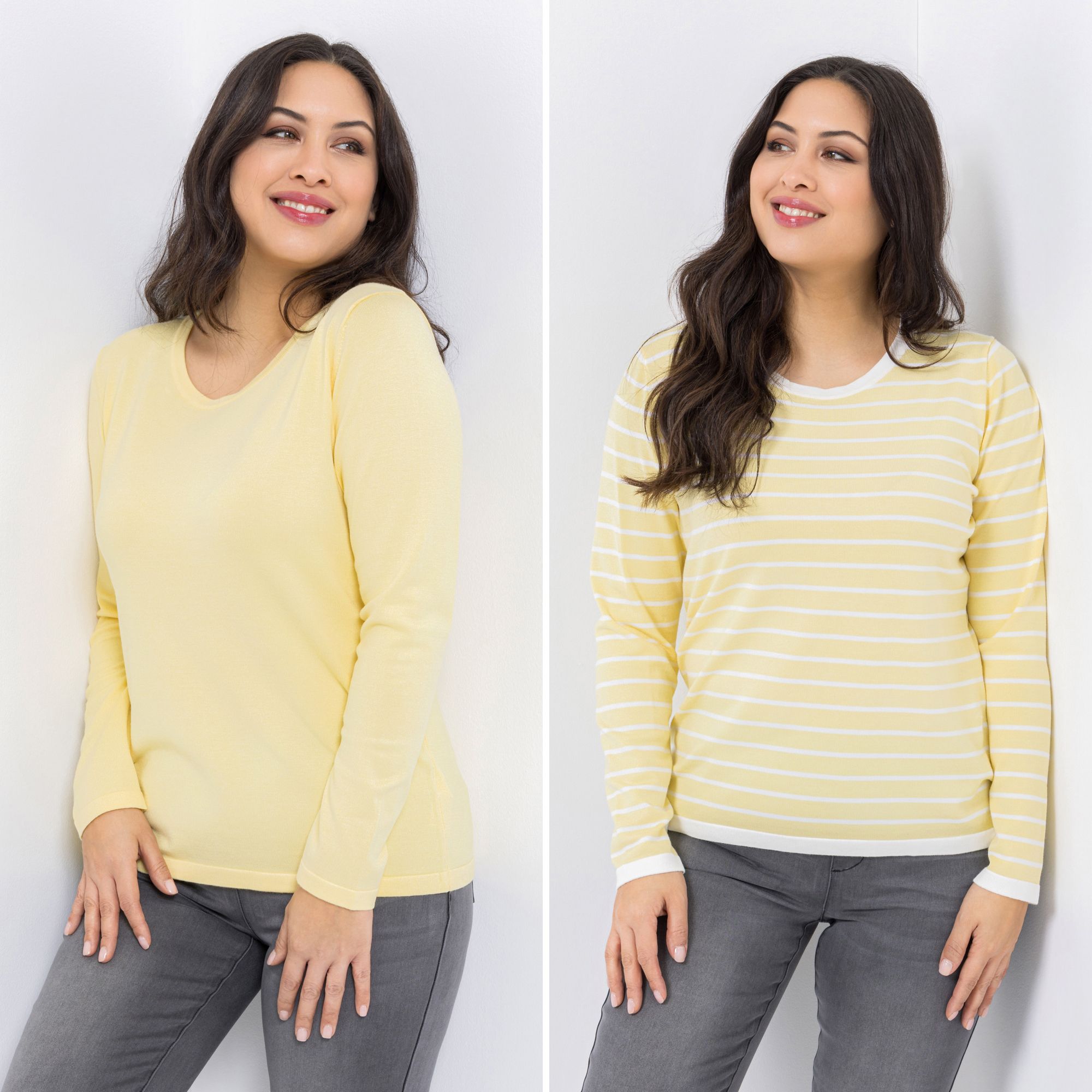 DENIM & CO. Doppelpack Pullover Rundhalsausschnitt uni & gestreift figurumspielend