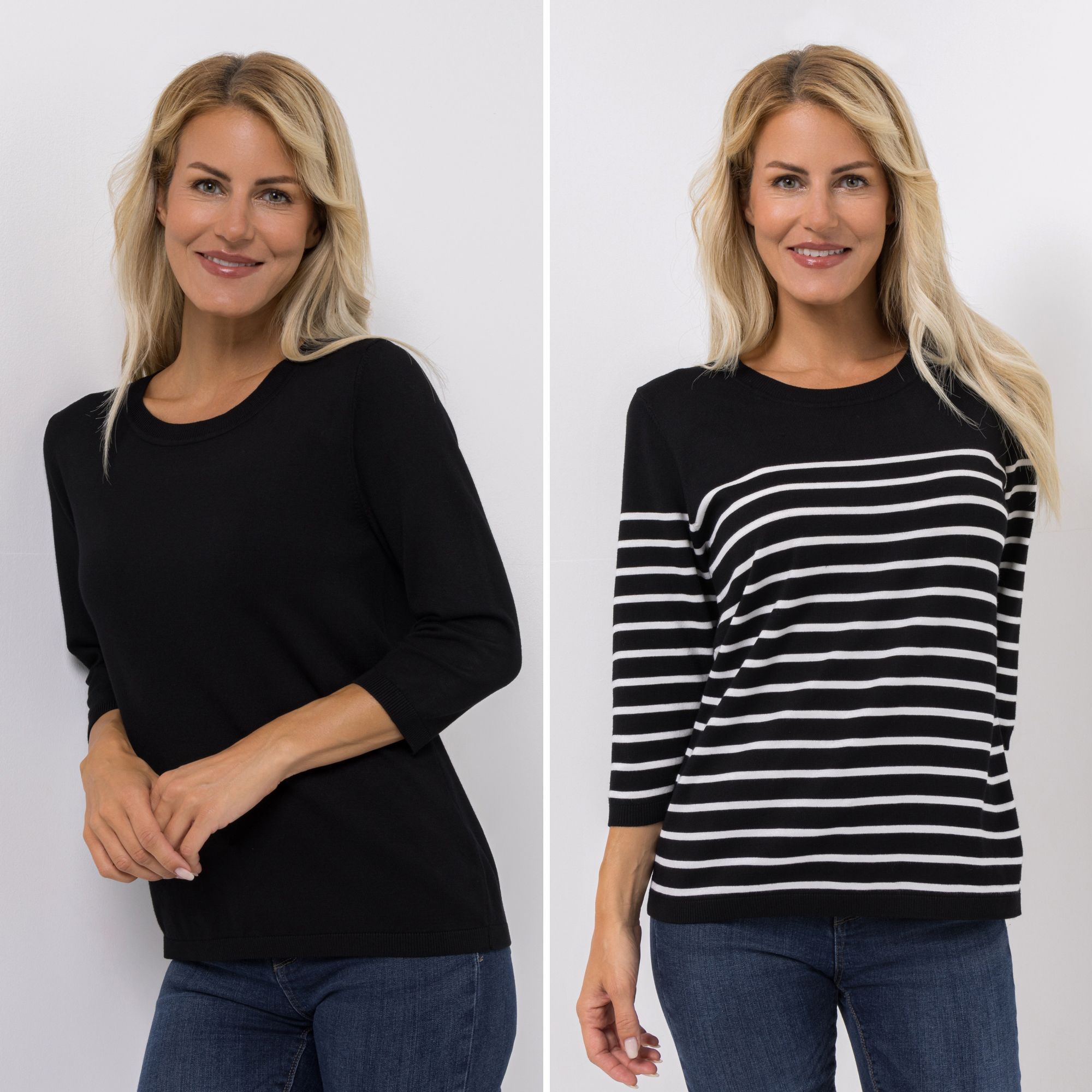 DENIM & CO. Doppelpack Pullover 3/4-Arm Rundhalsausschnitt gestreift & uni