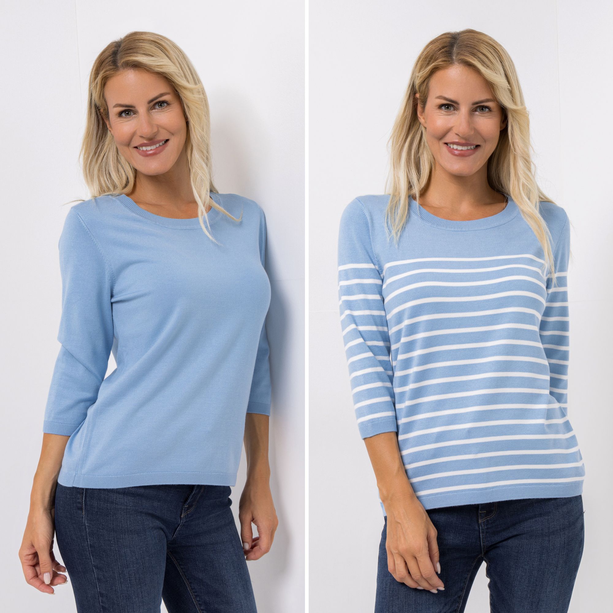DENIM & CO. Doppelpack Pullover 3/4-Arm Rundhalsausschnitt gestreift & uni