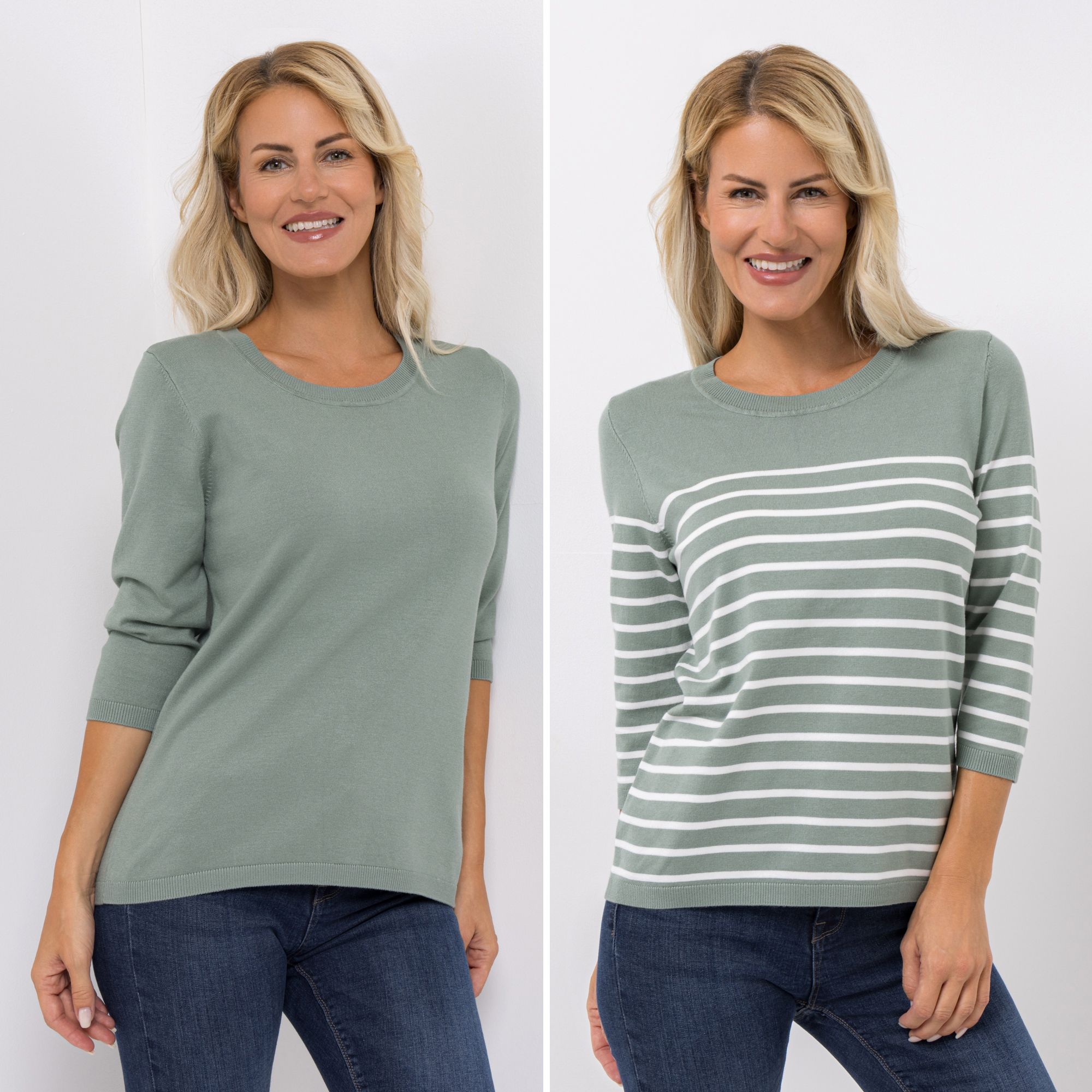 DENIM & CO. Doppelpack Pullover 3/4-Arm Rundhalsausschnitt gestreift & uni