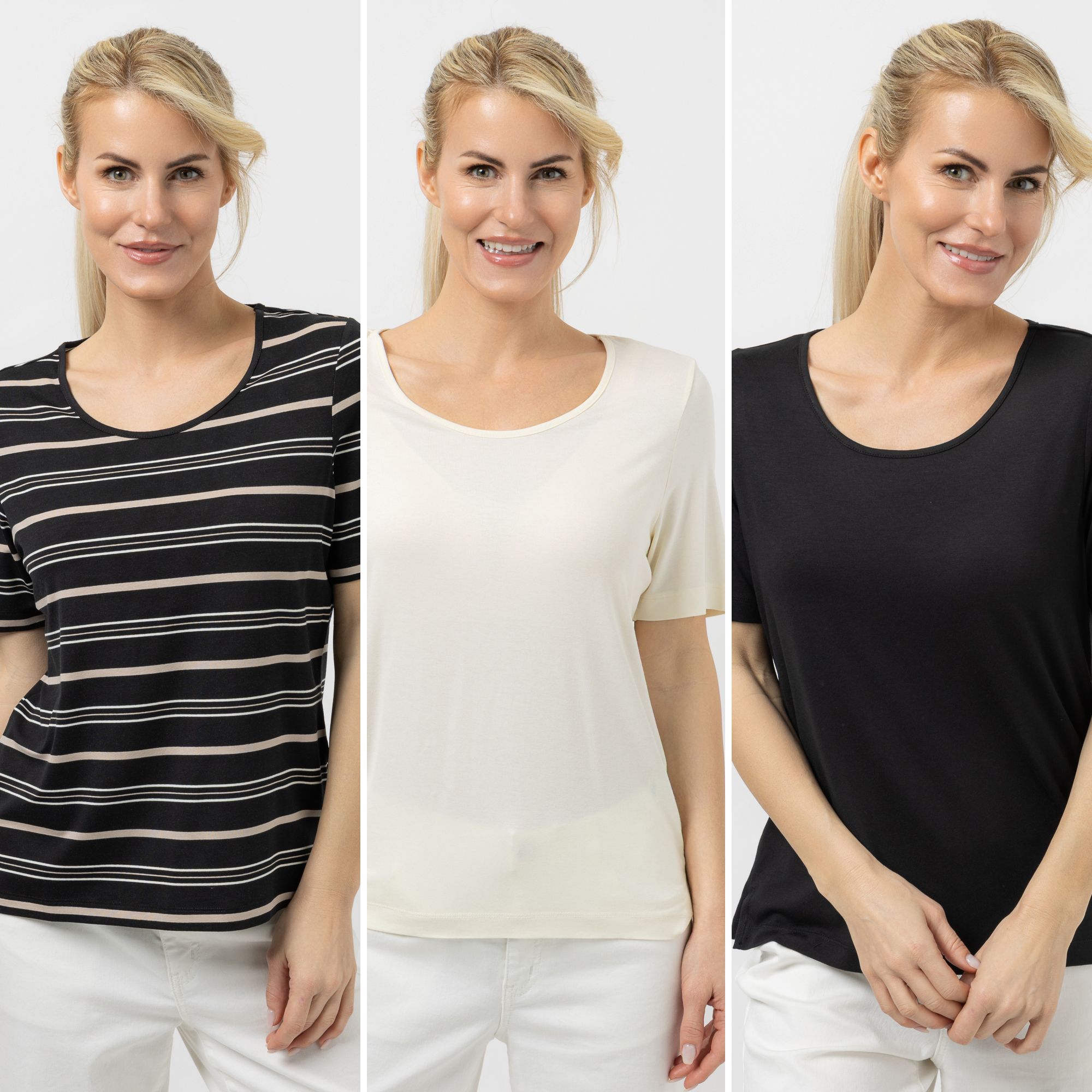 DENIM & CO. 3er Pack Shirts 2 x uni 1 x gestreift Rundhalsausschnitt Seitenschlitze