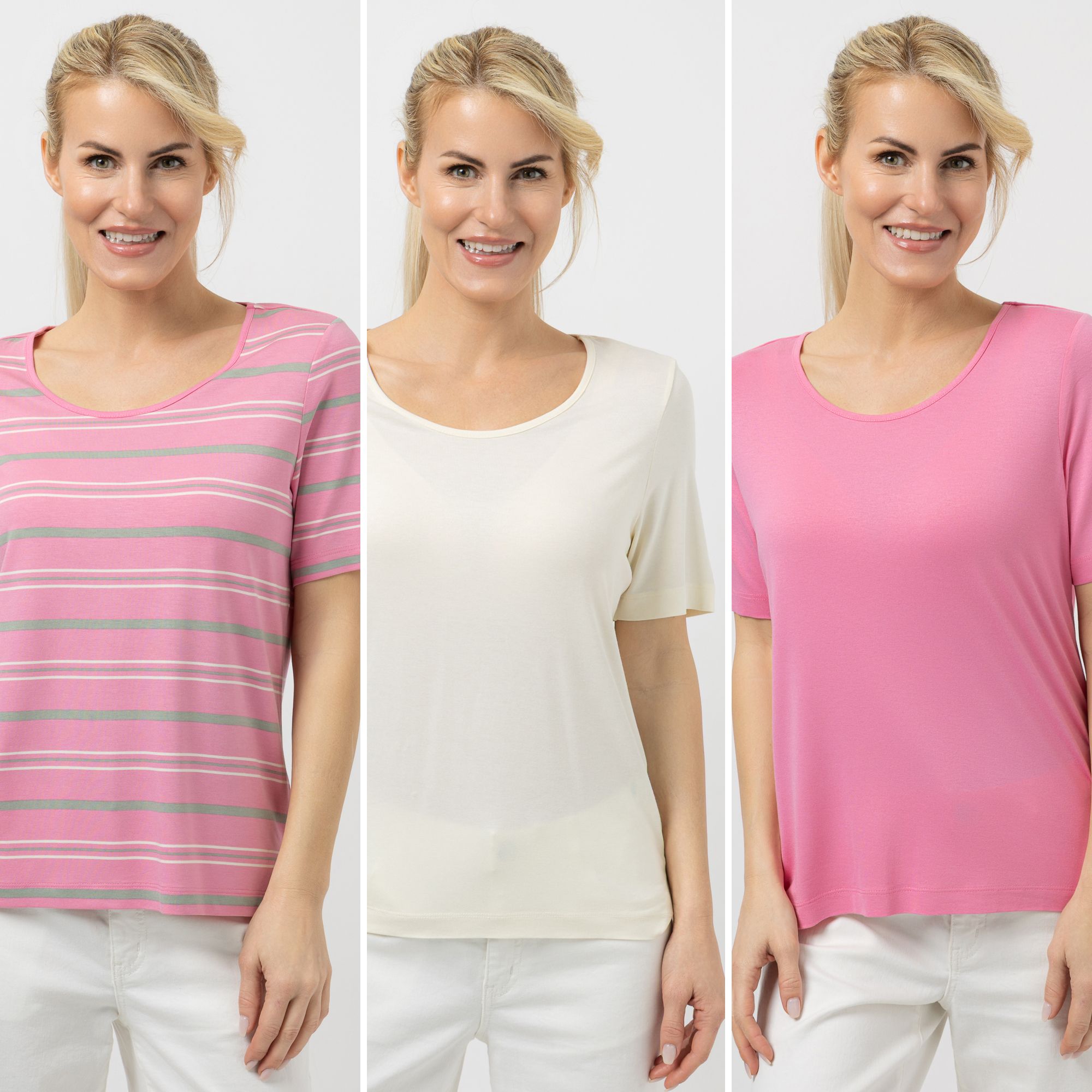 DENIM & CO. 3er Pack Shirts 2 x uni 1 x gestreift Rundhalsausschnitt Seitenschlitze