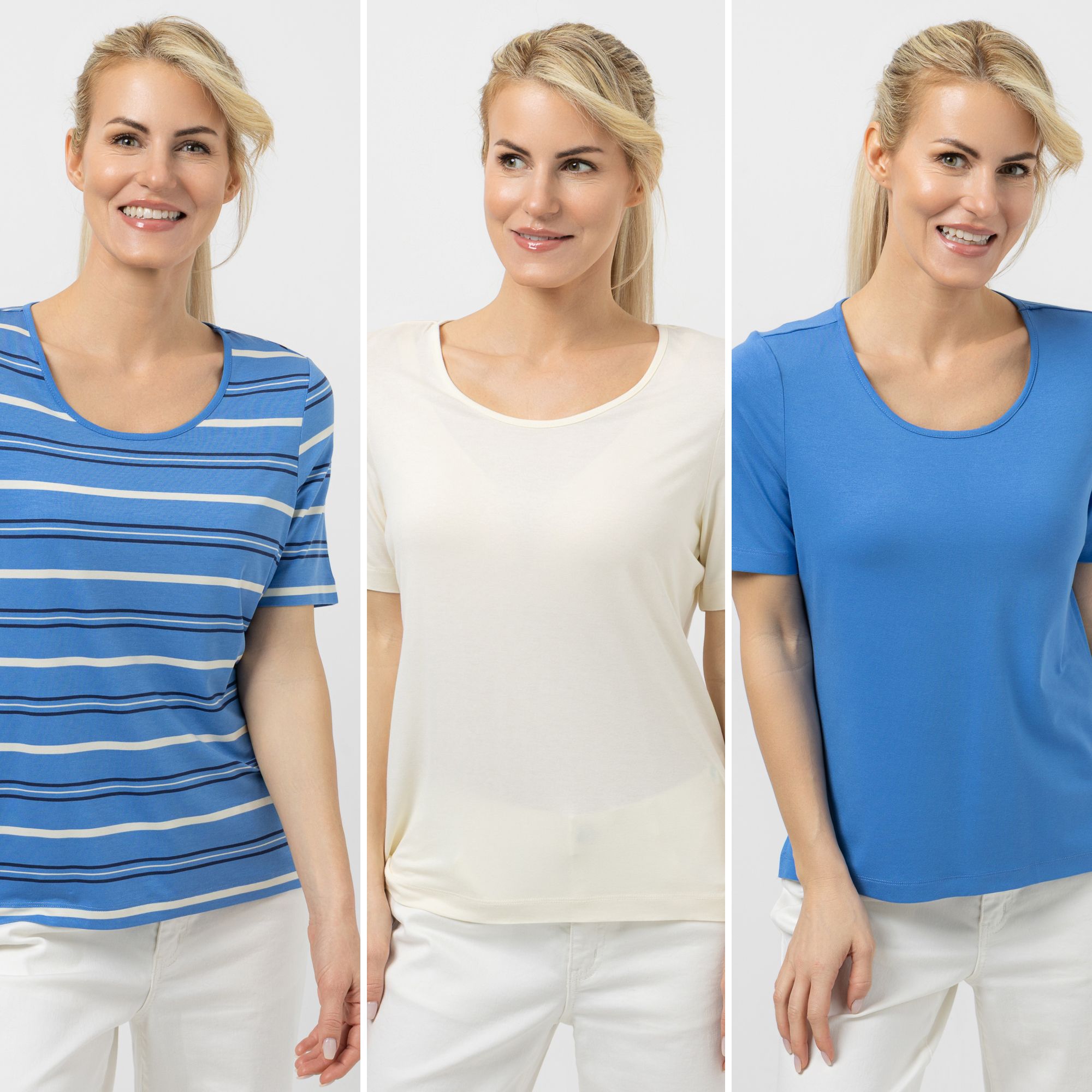 DENIM & CO. 3er Pack Shirts 2 x uni 1 x gestreift Rundhalsausschnitt Seitenschlitze