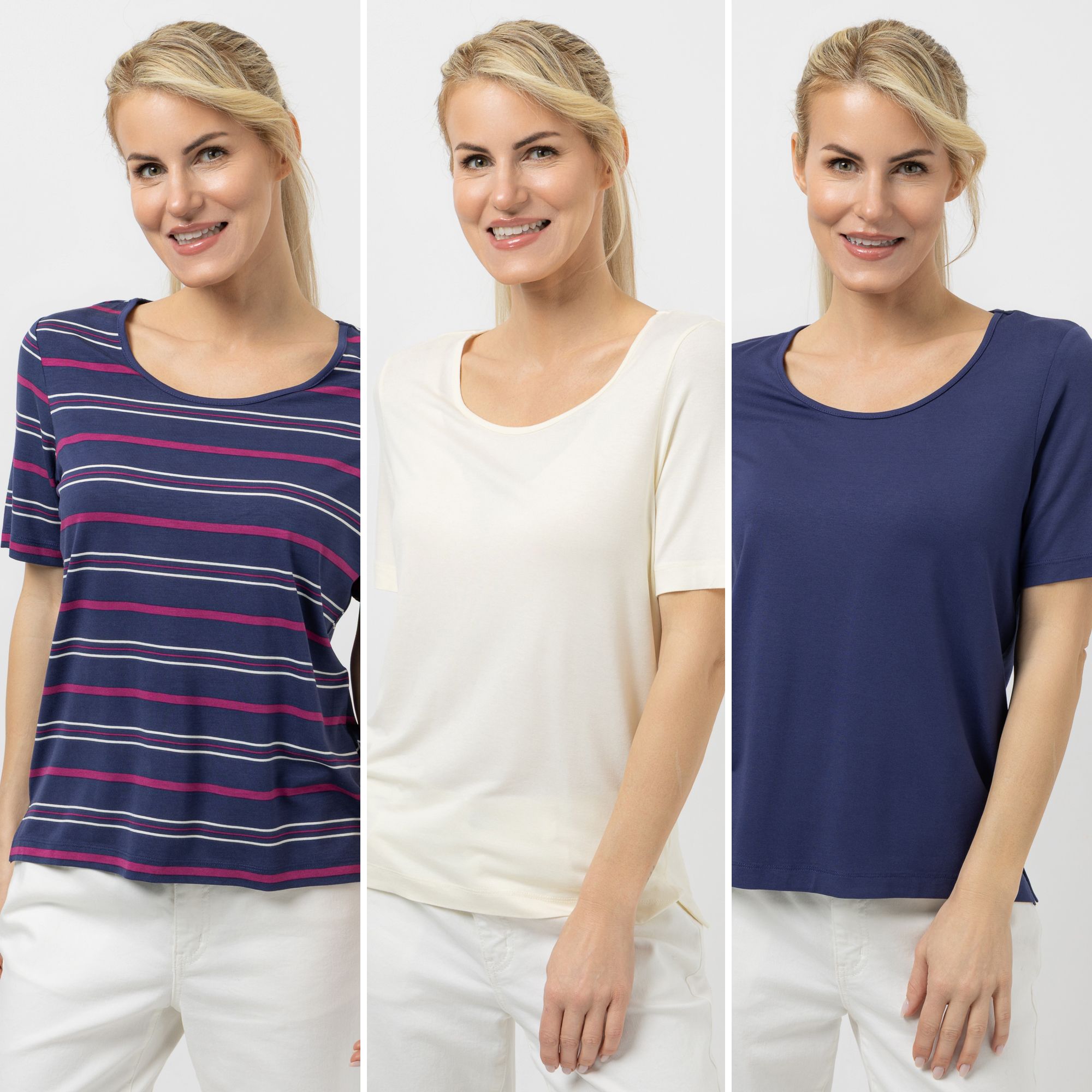 DENIM & CO. 3er Pack Shirts 2 x uni 1 x gestreift Rundhalsausschnitt Seitenschlitze