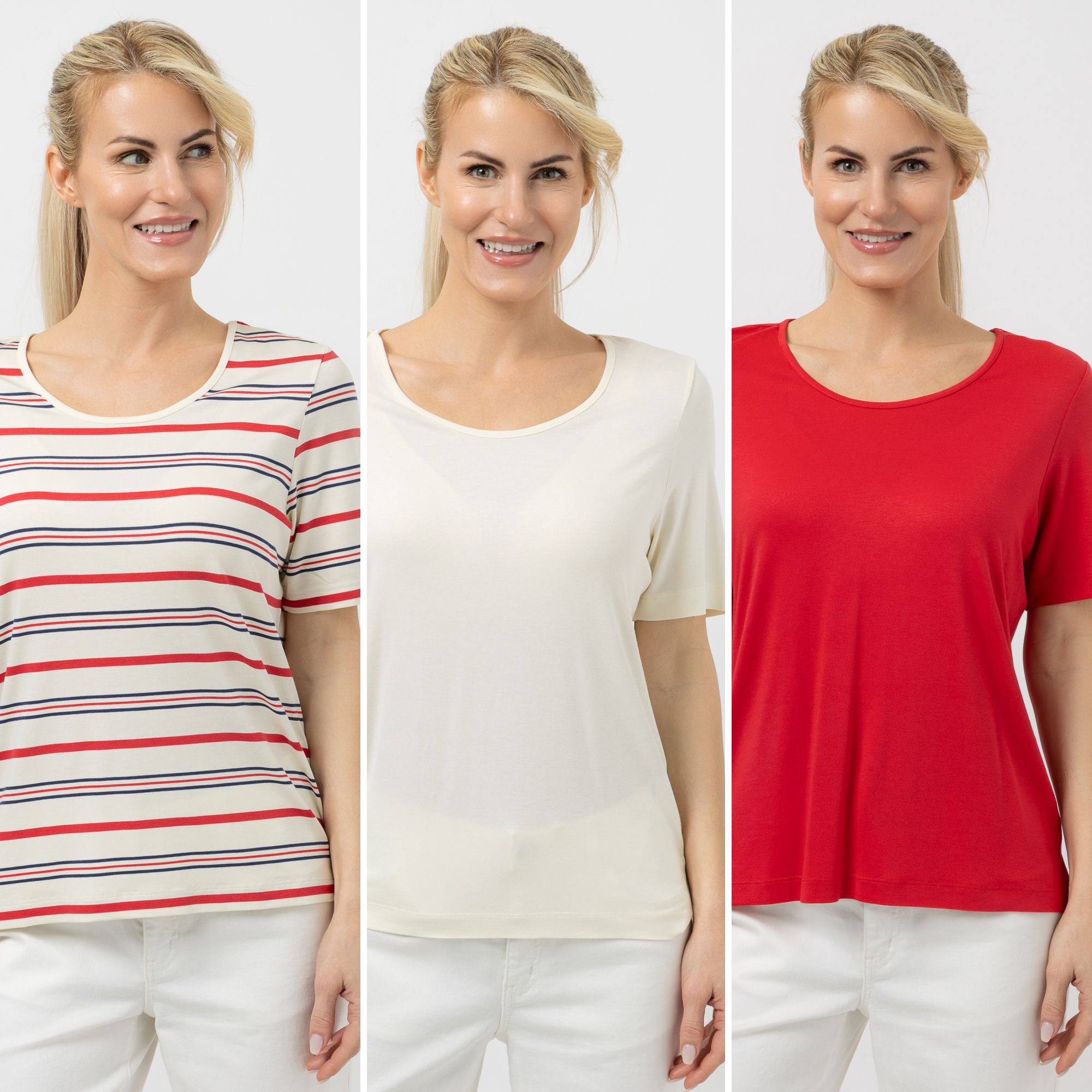 DENIM & CO. 3er Pack Shirts 2 x uni 1 x gestreift Rundhalsausschnitt Seitenschlitze