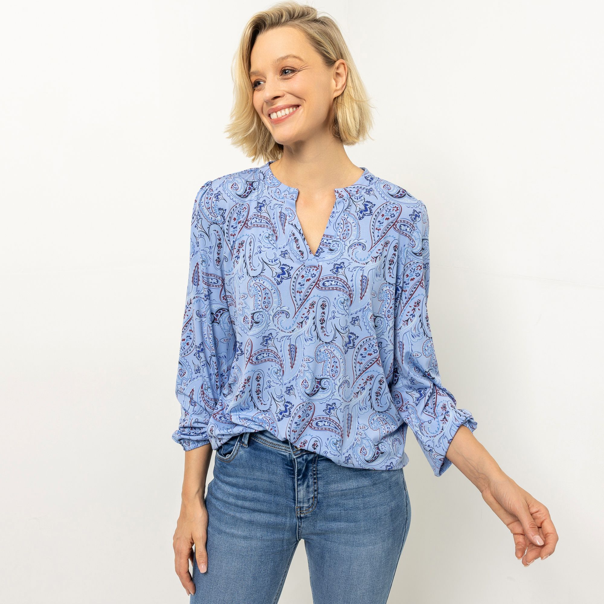 VIA MILANO Shirt, langarm Jersey-Stretch Serafino-Ausschnitt leger weit