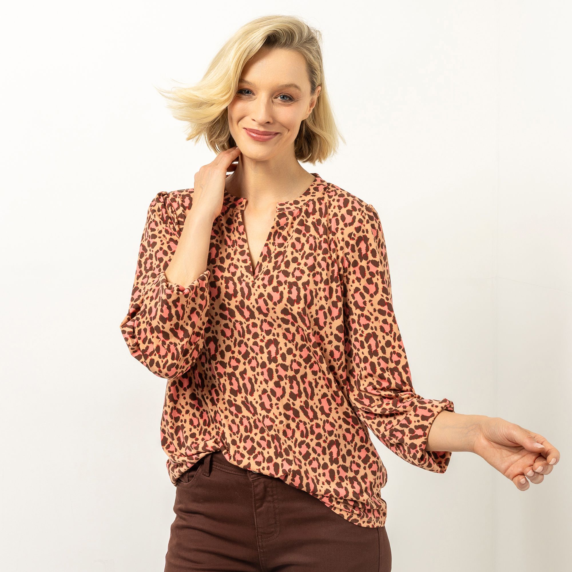 VIA MILANO Shirt, langarm Jersey-Stretch Serafino-Ausschnitt leger weit