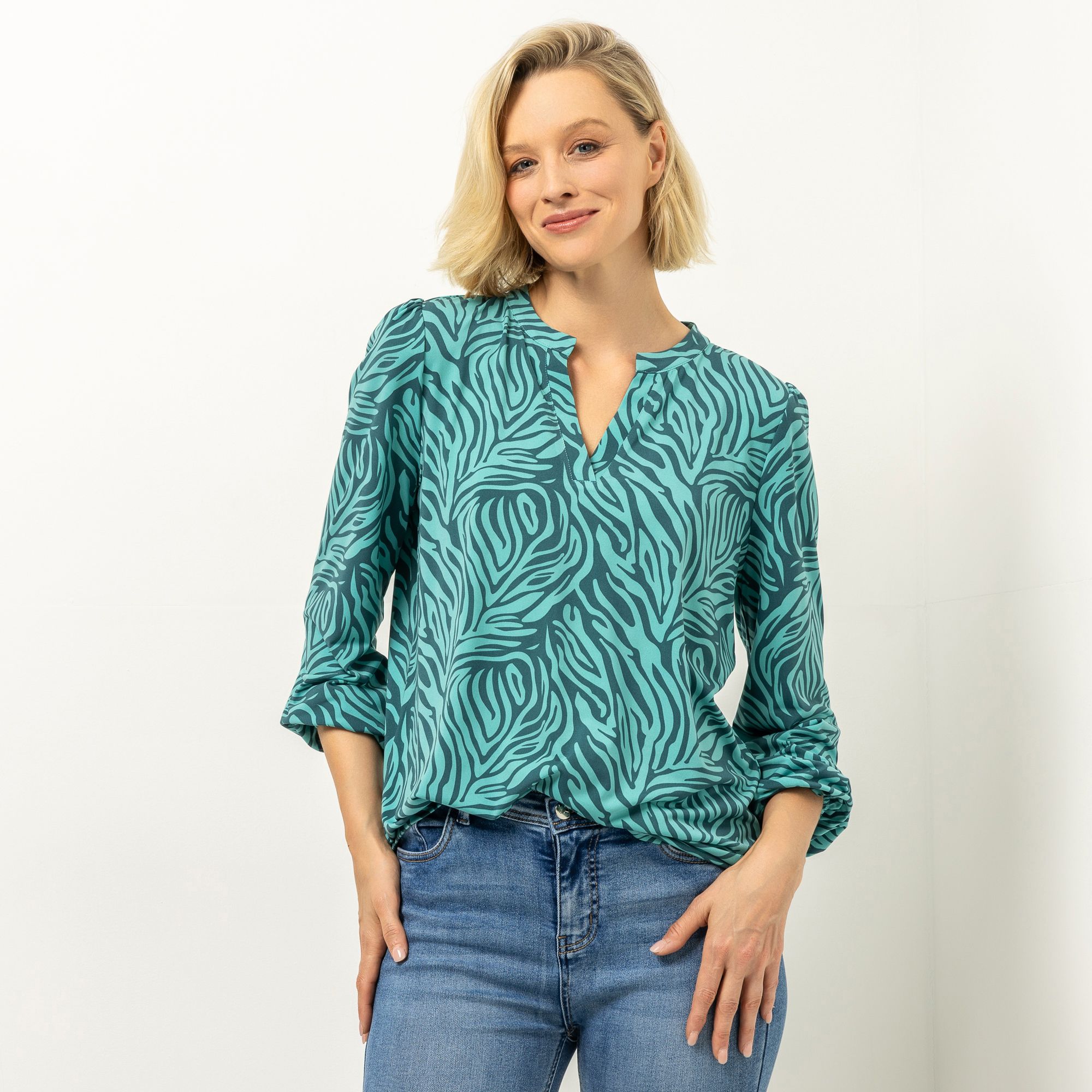 VIA MILANO Shirt, langarm Jersey-Stretch Serafino-Ausschnitt leger weit