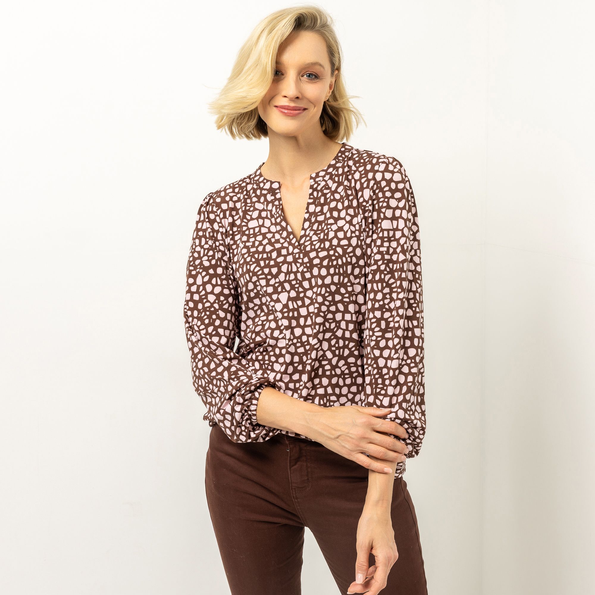 VIA MILANO Shirt, langarm Jersey-Stretch Serafino-Ausschnitt leger weit