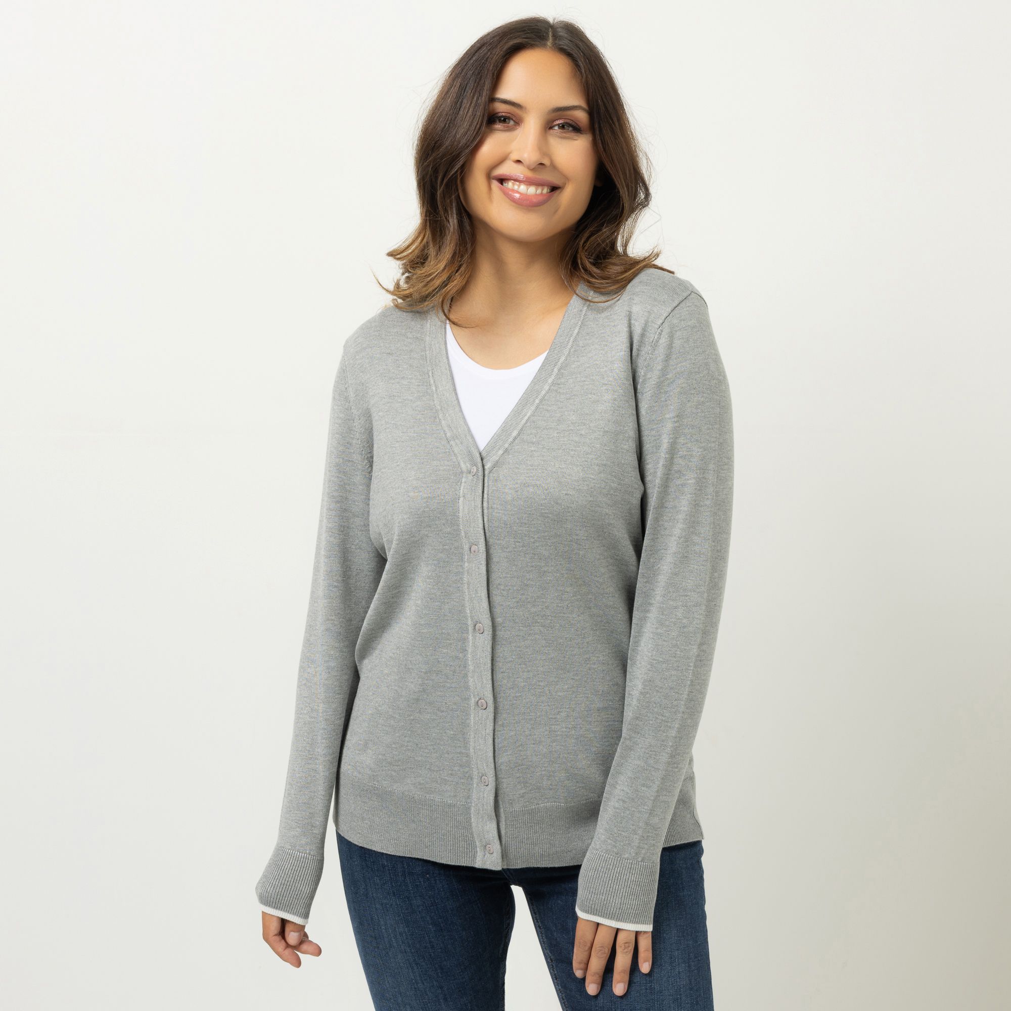 DENIM & CO. Cardigan V-Ausschnitt Knopfleiste Kontraststreifen