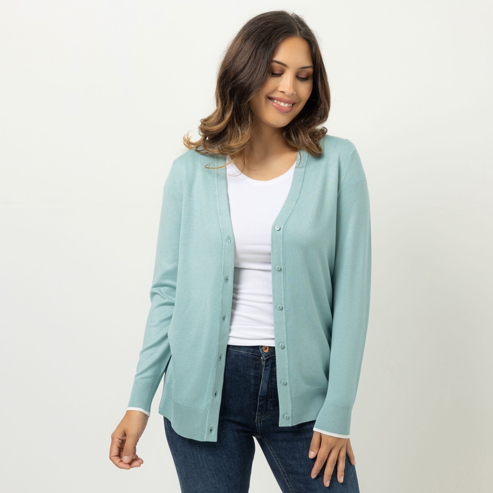 DENIM & CO. Cardigan V-Ausschnitt Knopfleiste Kontraststreifen