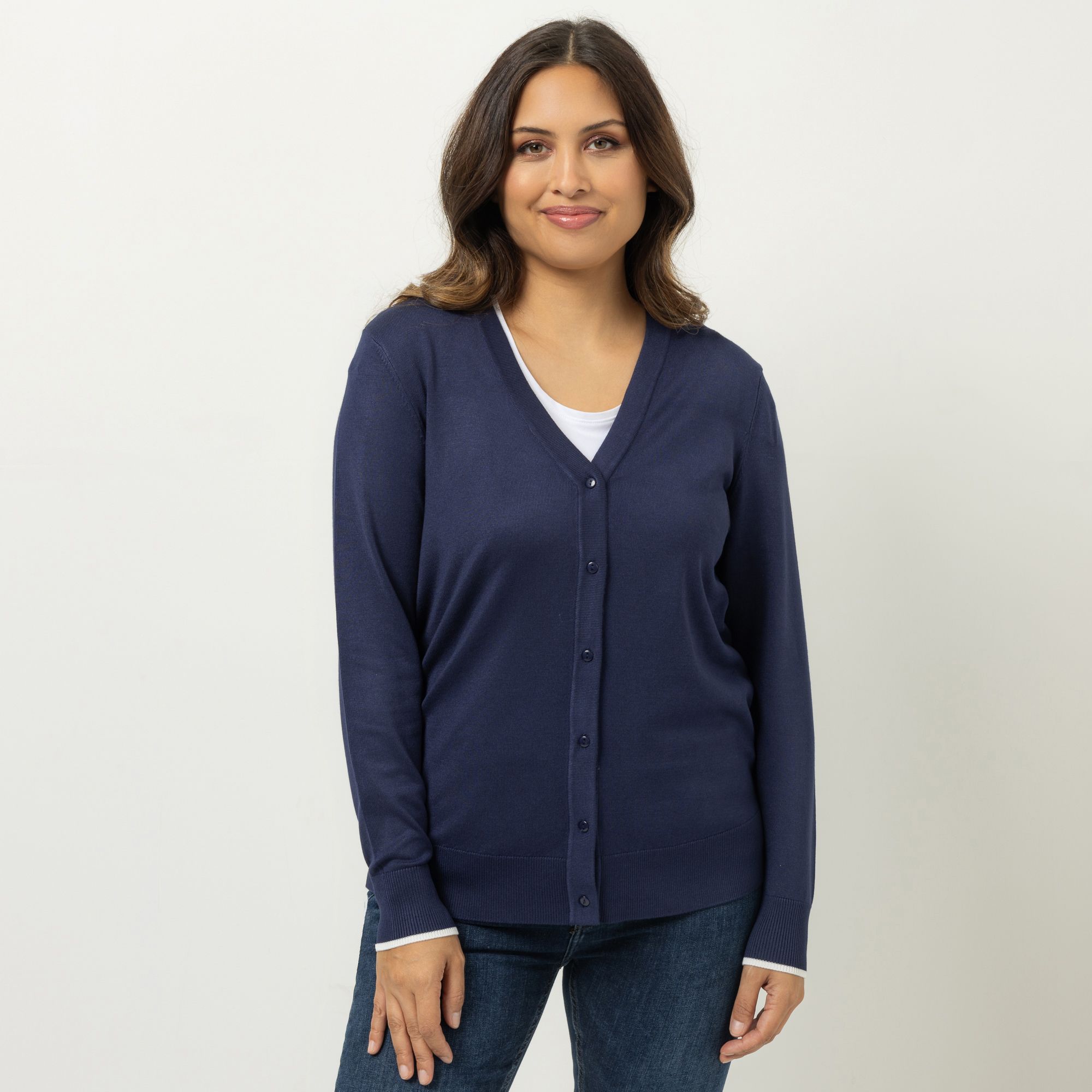 DENIM & CO. Cardigan V-Ausschnitt Knopfleiste Kontraststreifen