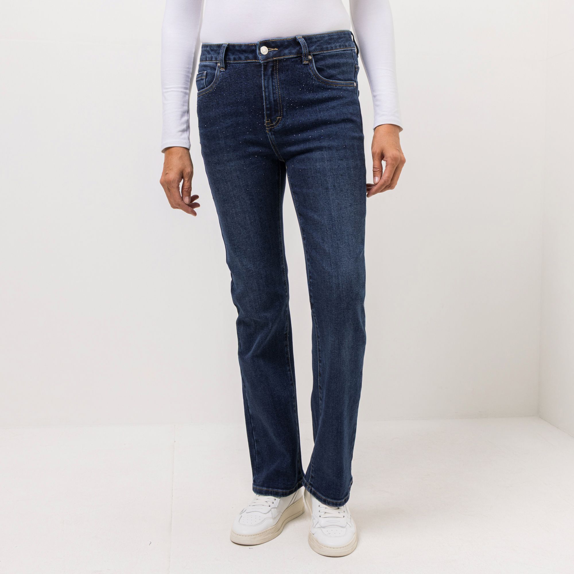 VIA MILANO Jeans, lange Form 5-Pocket-Style Strass-Details ausgestelltes Bein