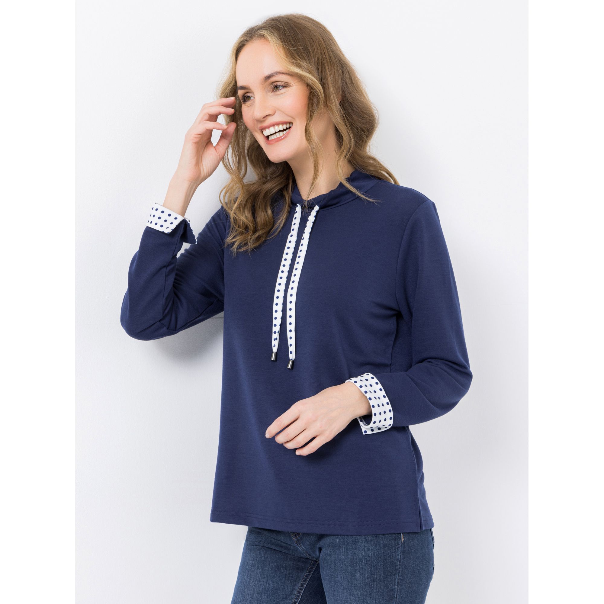 DENIM & CO. Sweatshirt lockerer Stehkragen breites Bindeband Kontrastdetails