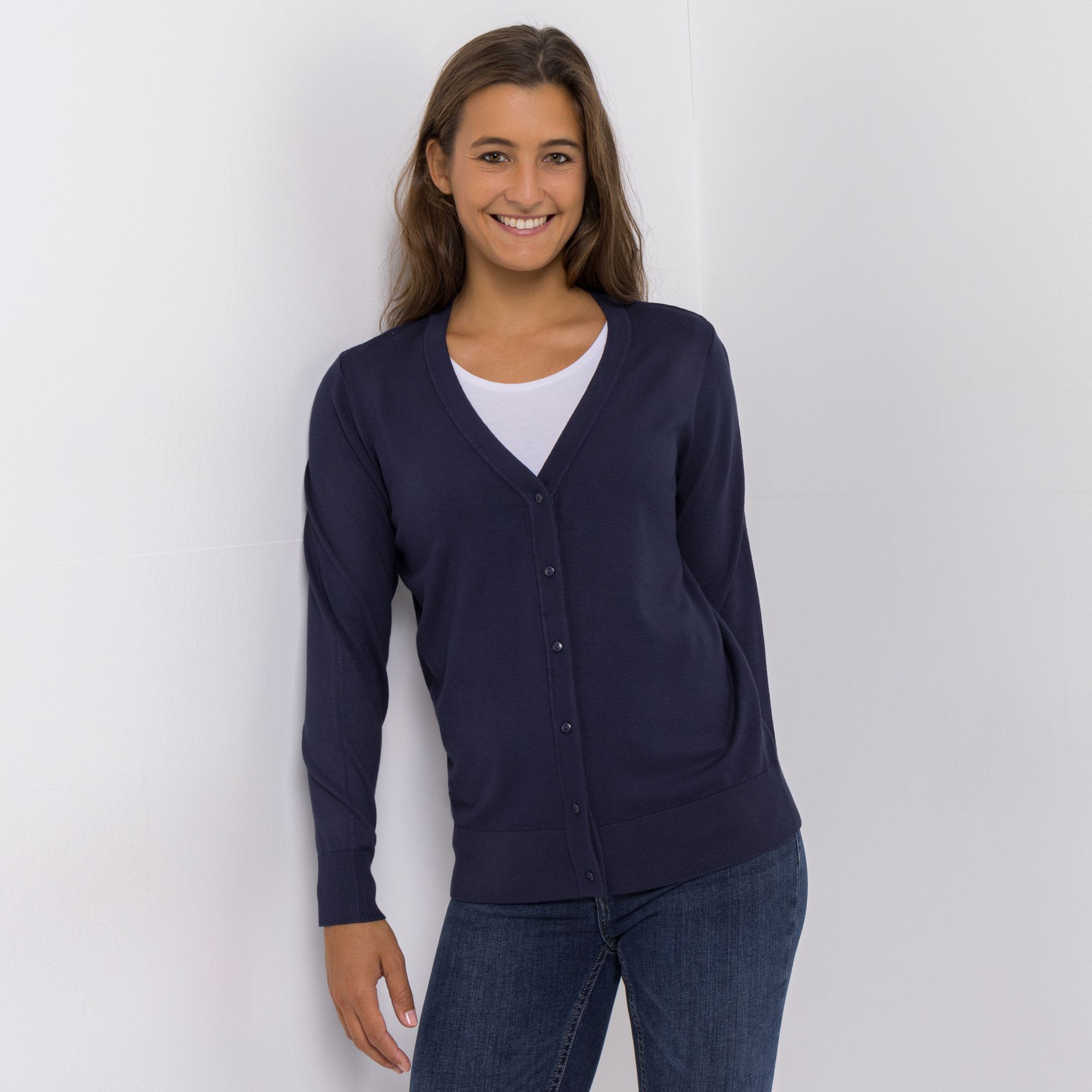 DENIM & CO. Cardigan V-Ausschnitt Knopfleiste figurumspielend