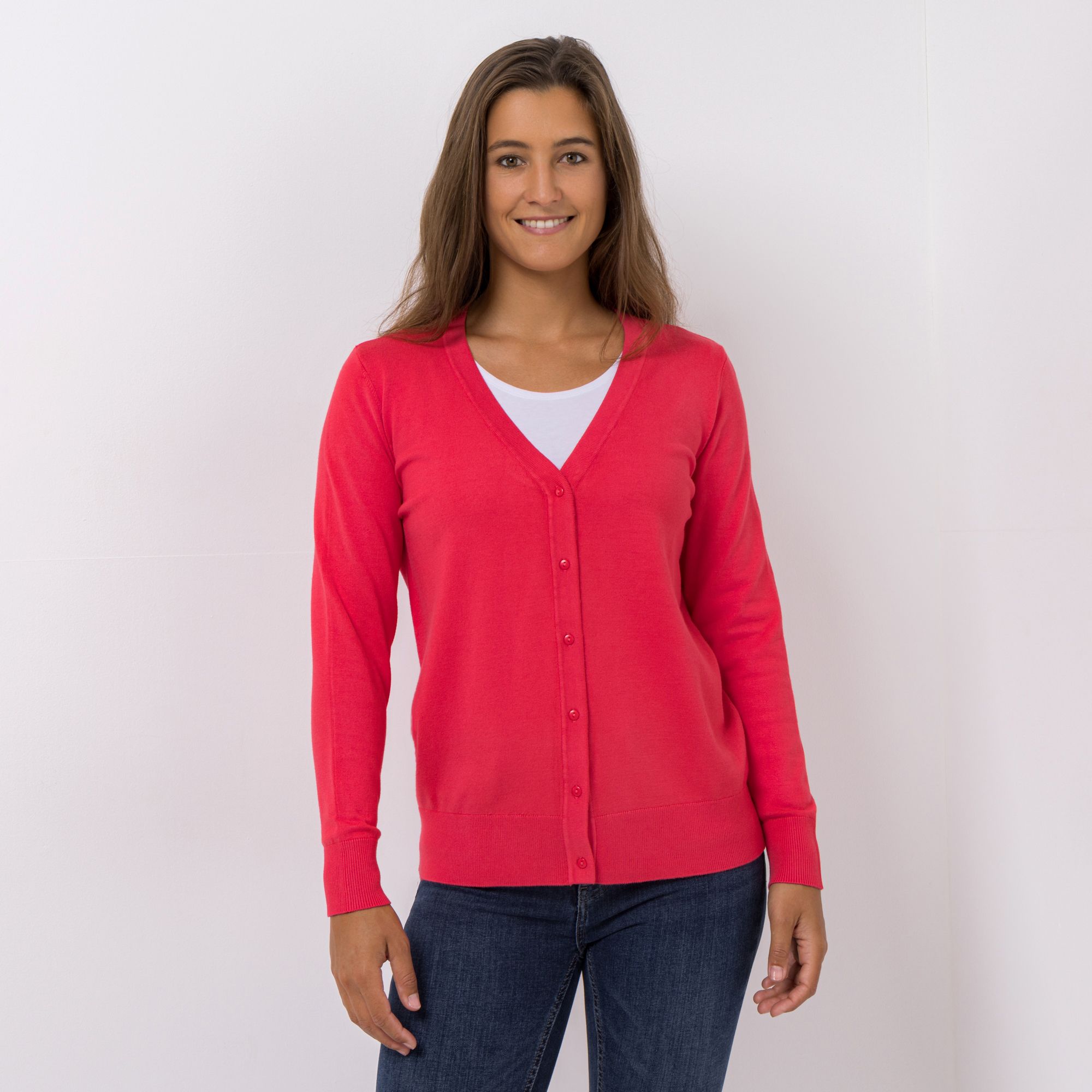 DENIM & CO. Cardigan V-Ausschnitt Knopfleiste figurumspielend