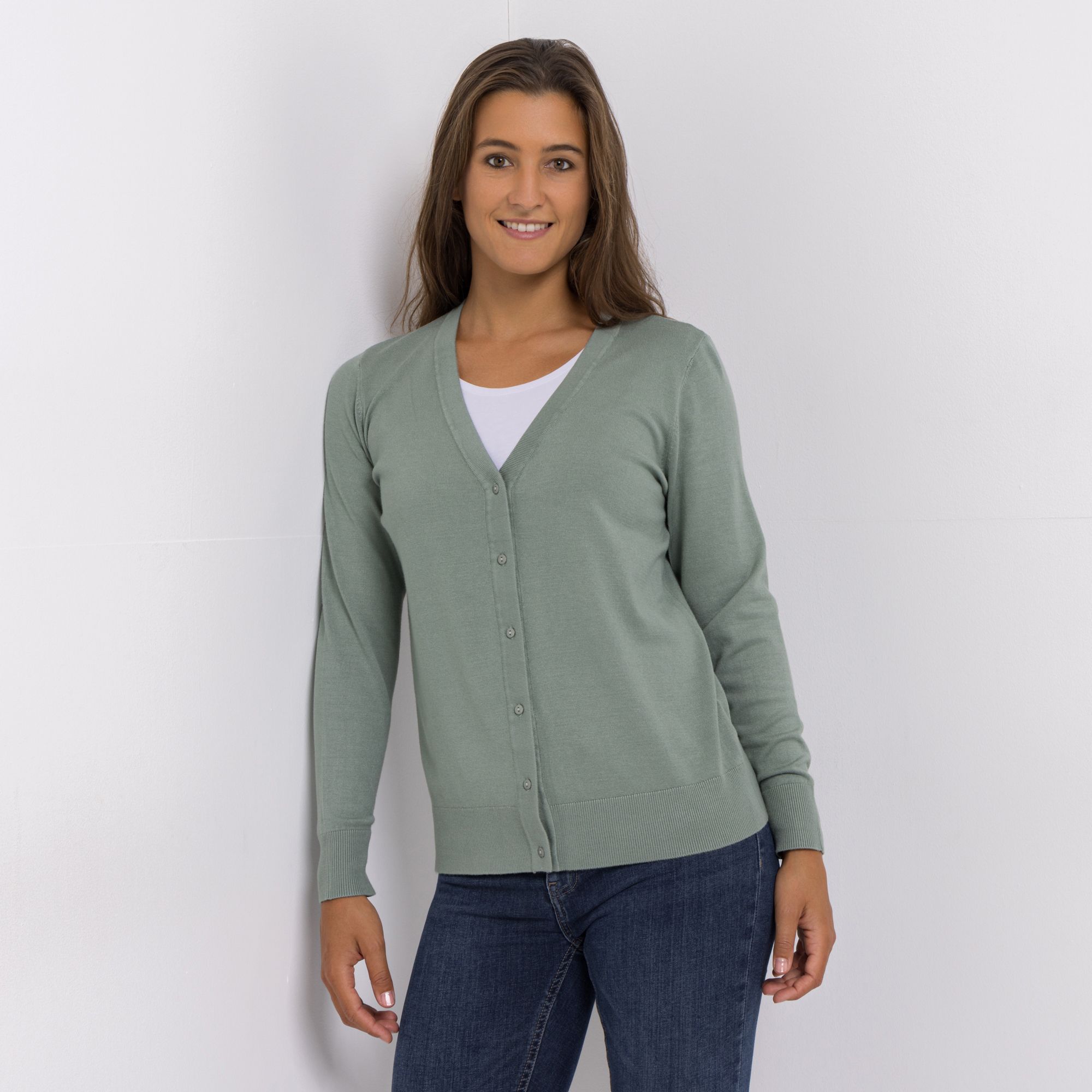 DENIM & CO. Cardigan V-Ausschnitt Knopfleiste figurumspielend