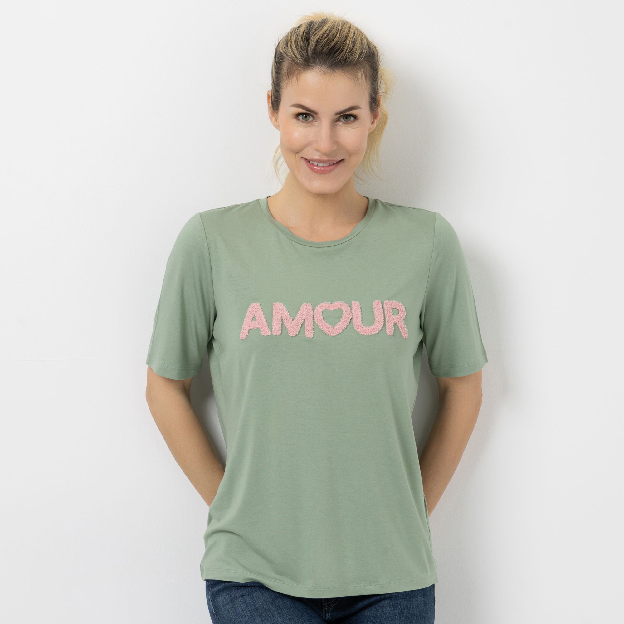 VIA MILANO Shirt, 1/2-Arm Rundhalsausschnitt Flock-Schriftzug figurumspielend