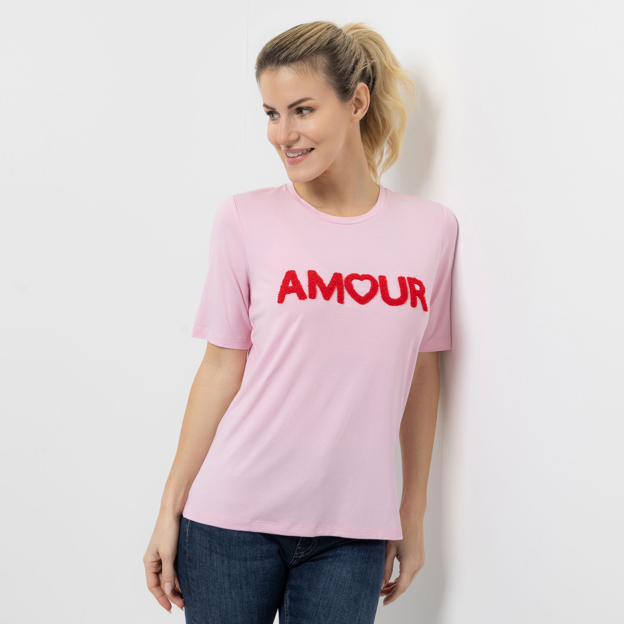 VIA MILANO Shirt, 1/2-Arm Rundhalsausschnitt Flock-Schriftzug figurumspielend