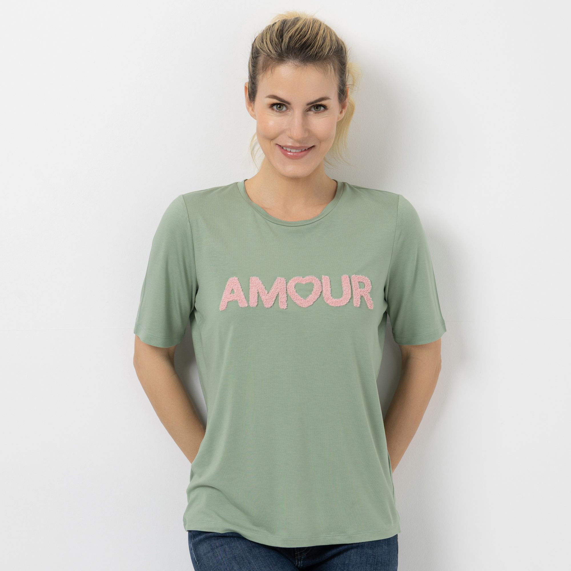 VIA MILANO Shirt, 1/2-Arm Rundhalsausschnitt Flock-Schriftzug figurumspielend