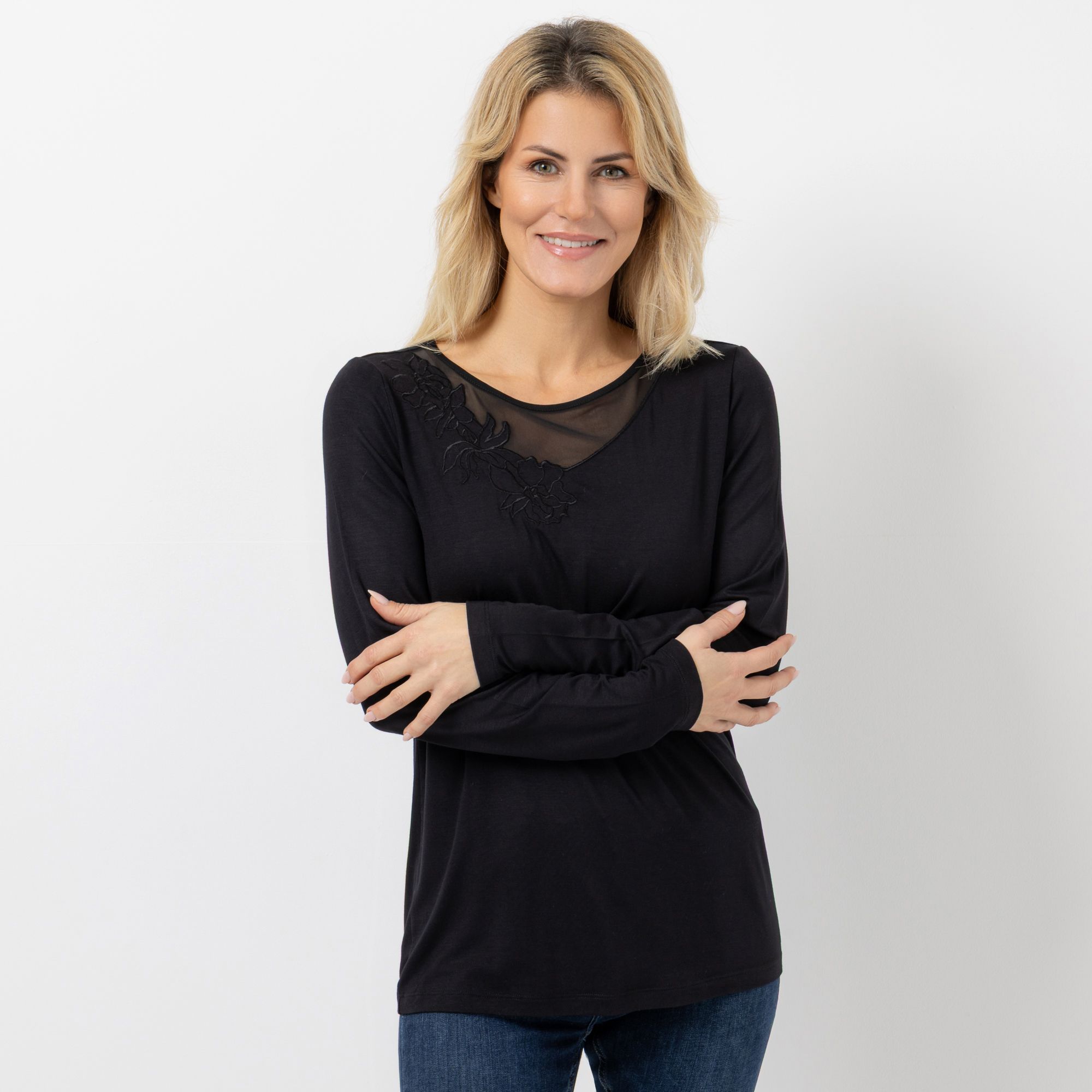 VIA MILANO Shirt, 1/1-Arm Rundhalsausschnitt Mesh-Einsatz mit ECOVERO Viskose