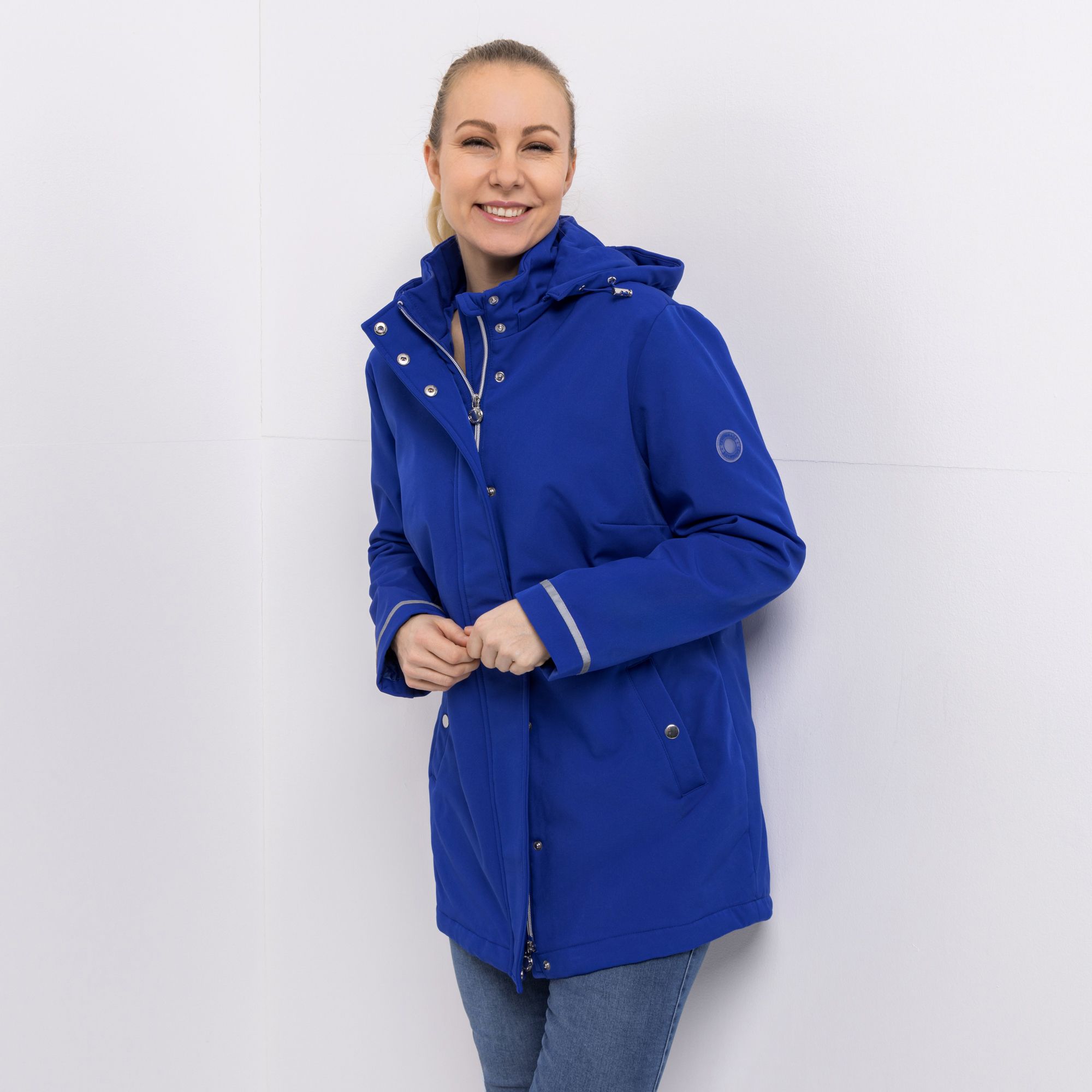 CENTIGRADE Softshelljacke lange Form 2-Wege-Reißverschluss abnehmbare Kapuze