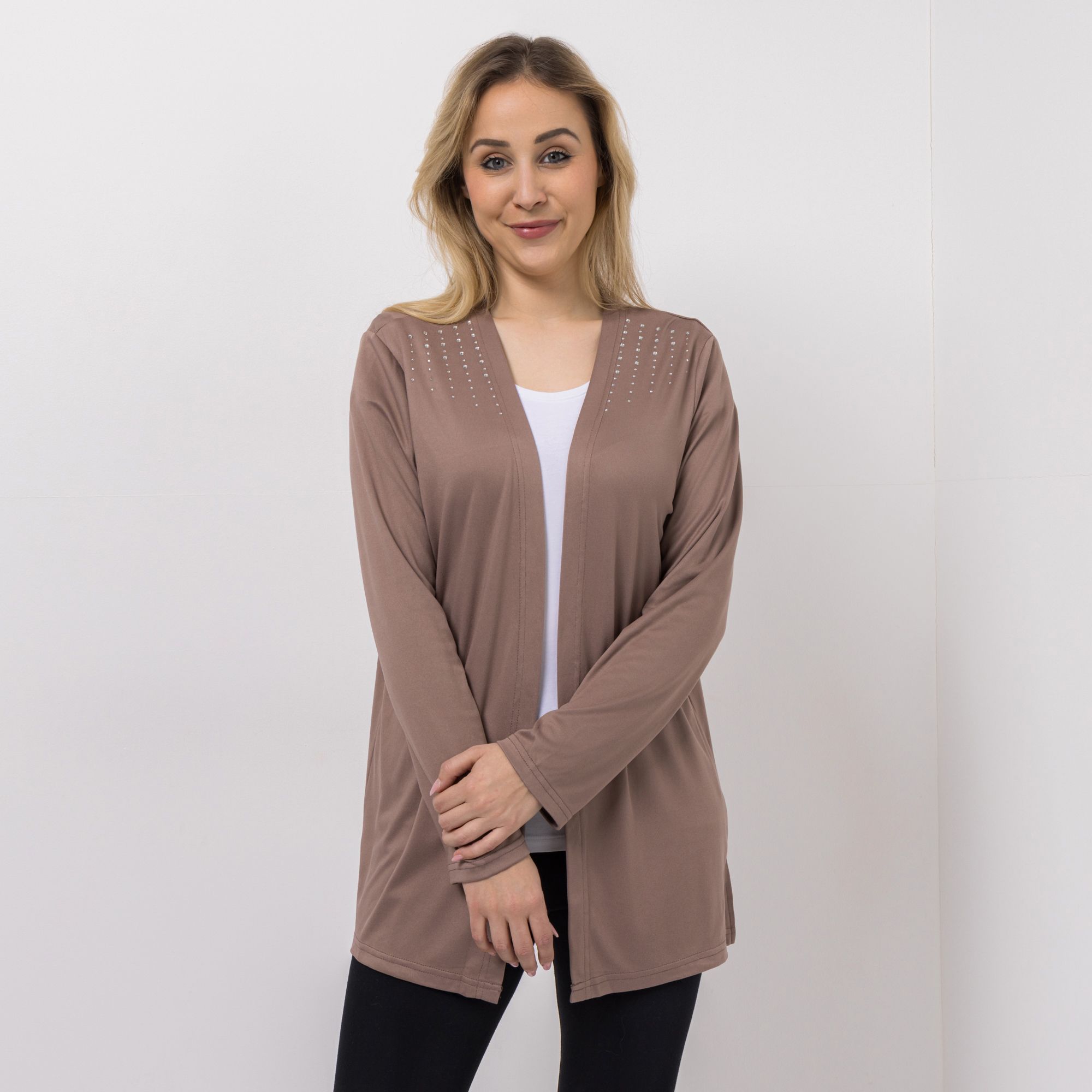 JERYMOOD HOMEWEAR Longcardigan, 1/1-Arm Mikrofaser Seitennahtschlitze Strassdetails