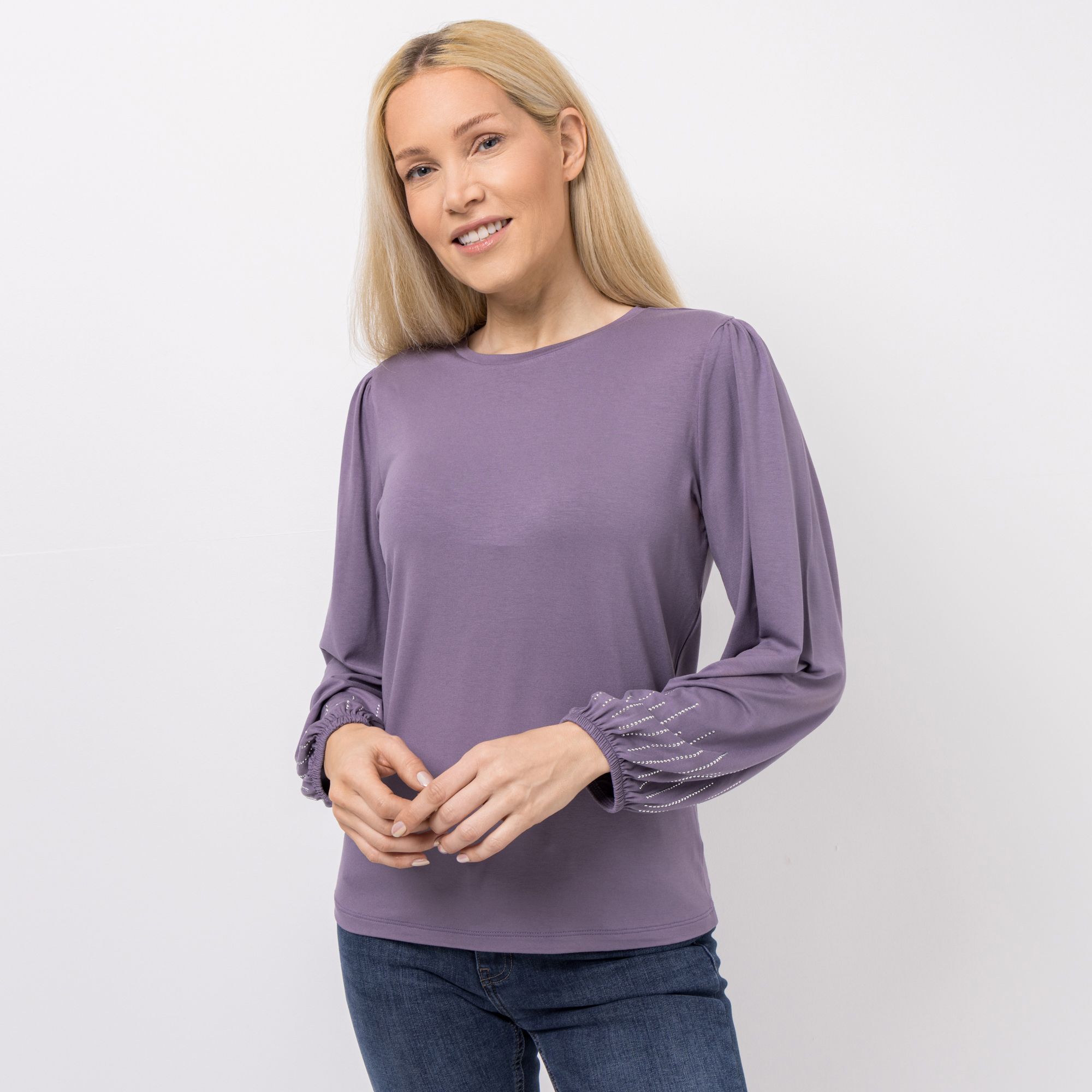 VIA MILANO Shirt, 1/1-Arm Rundhalsausschnitt Steinchen-Details figurumspielend