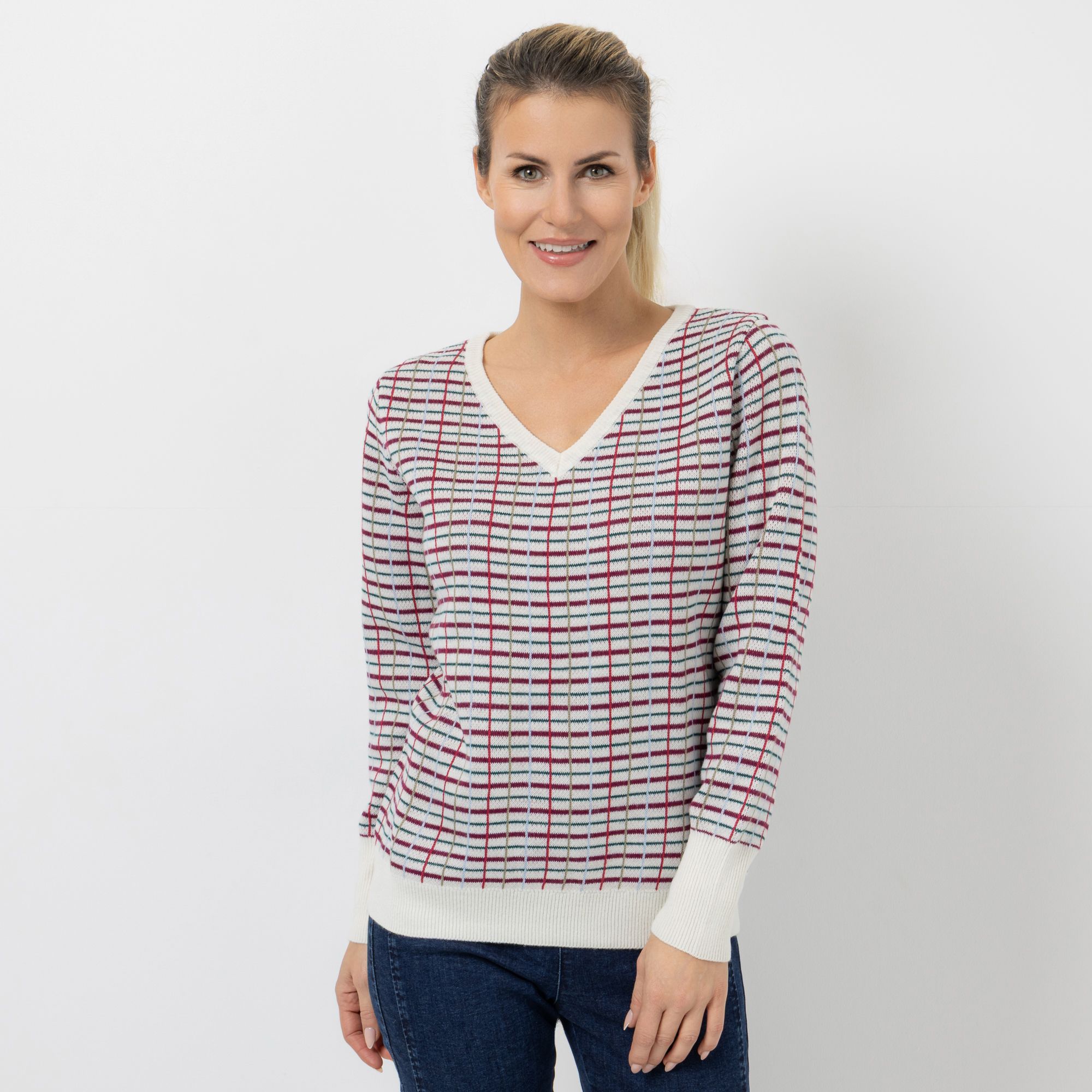 CASHMASOFT Pullover V-Ausschnitt Cashmeregriff Karo-Jacquard