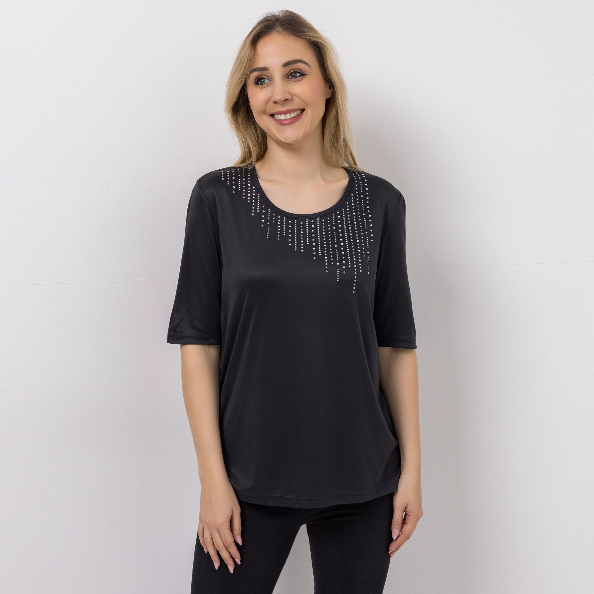 JERYMOOD HOMEWEAR Shirt, langer 1/2-Arm Rundhalsausschnitt Seitenschlitzen Strassdetails