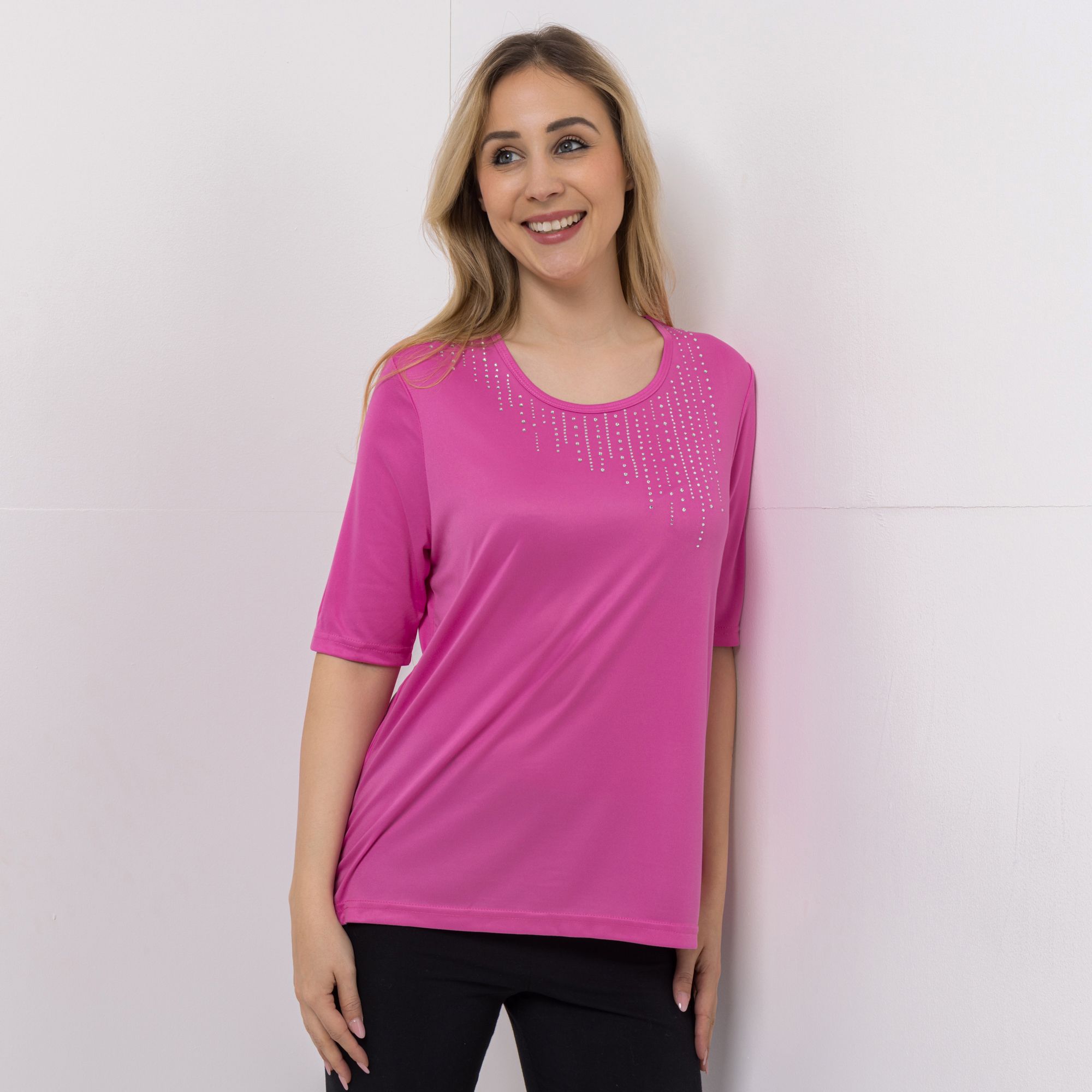 JERYMOOD HOMEWEAR Shirt, langer 1/2-Arm Rundhalsausschnitt Seitenschlitzen Strassdetails