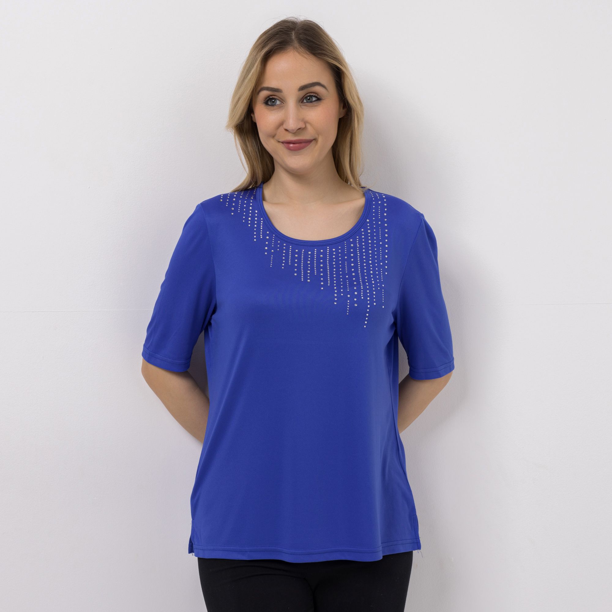 JERYMOOD HOMEWEAR Shirt, langer 1/2-Arm Rundhalsausschnitt Seitenschlitzen Strassdetails