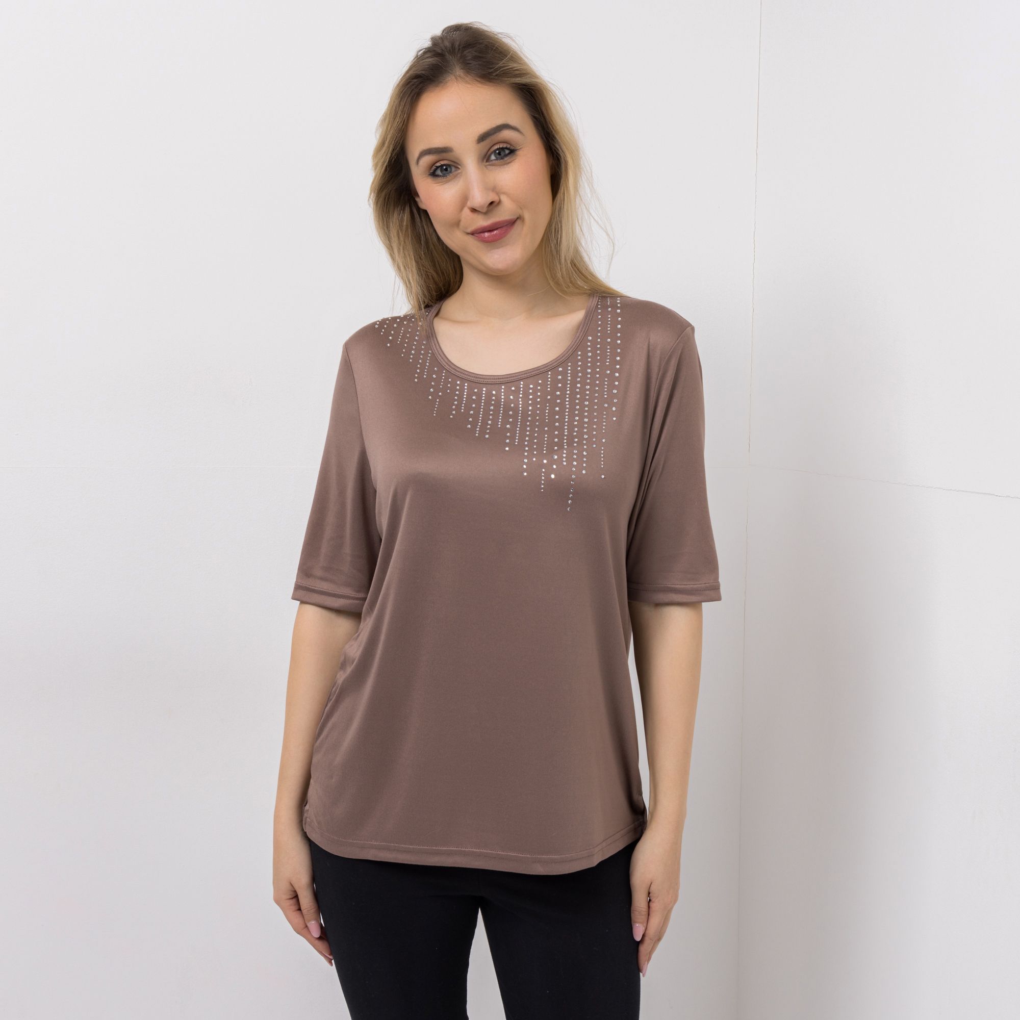 JERYMOOD HOMEWEAR Shirt, langer 1/2-Arm Rundhalsausschnitt Seitenschlitzen Strassdetails