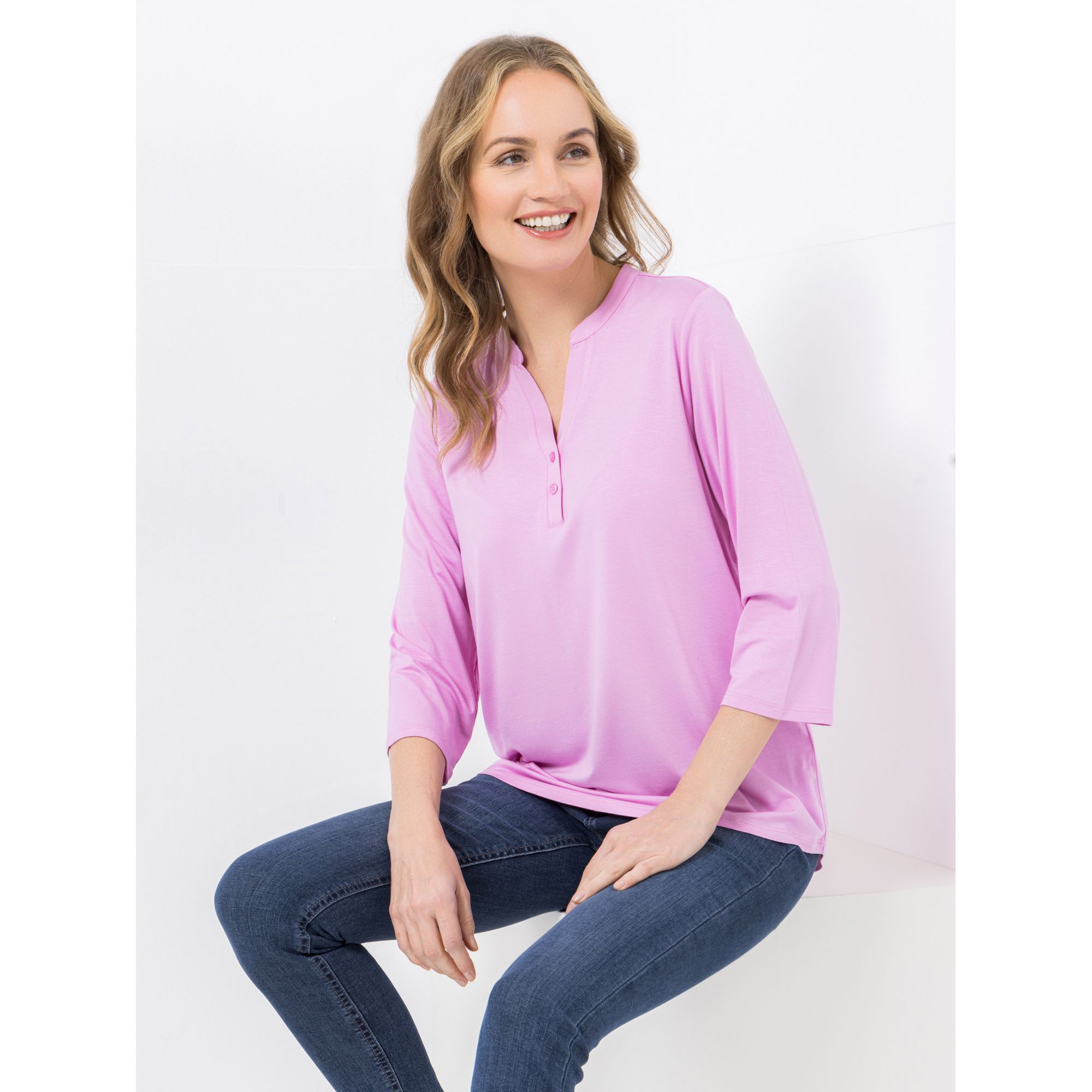 DENIM & CO. Jerseybluse 3/4-Arm Serafinoausschnitt halbe Knopfleiste