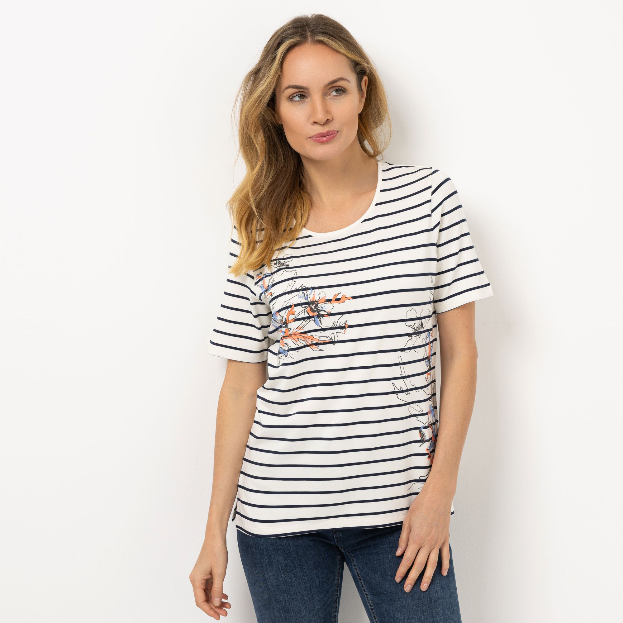 DENIM & CO. Shirt, 1/2-Arm Rundhalsausschnitt Seitennahtschlitze Allover-Druck