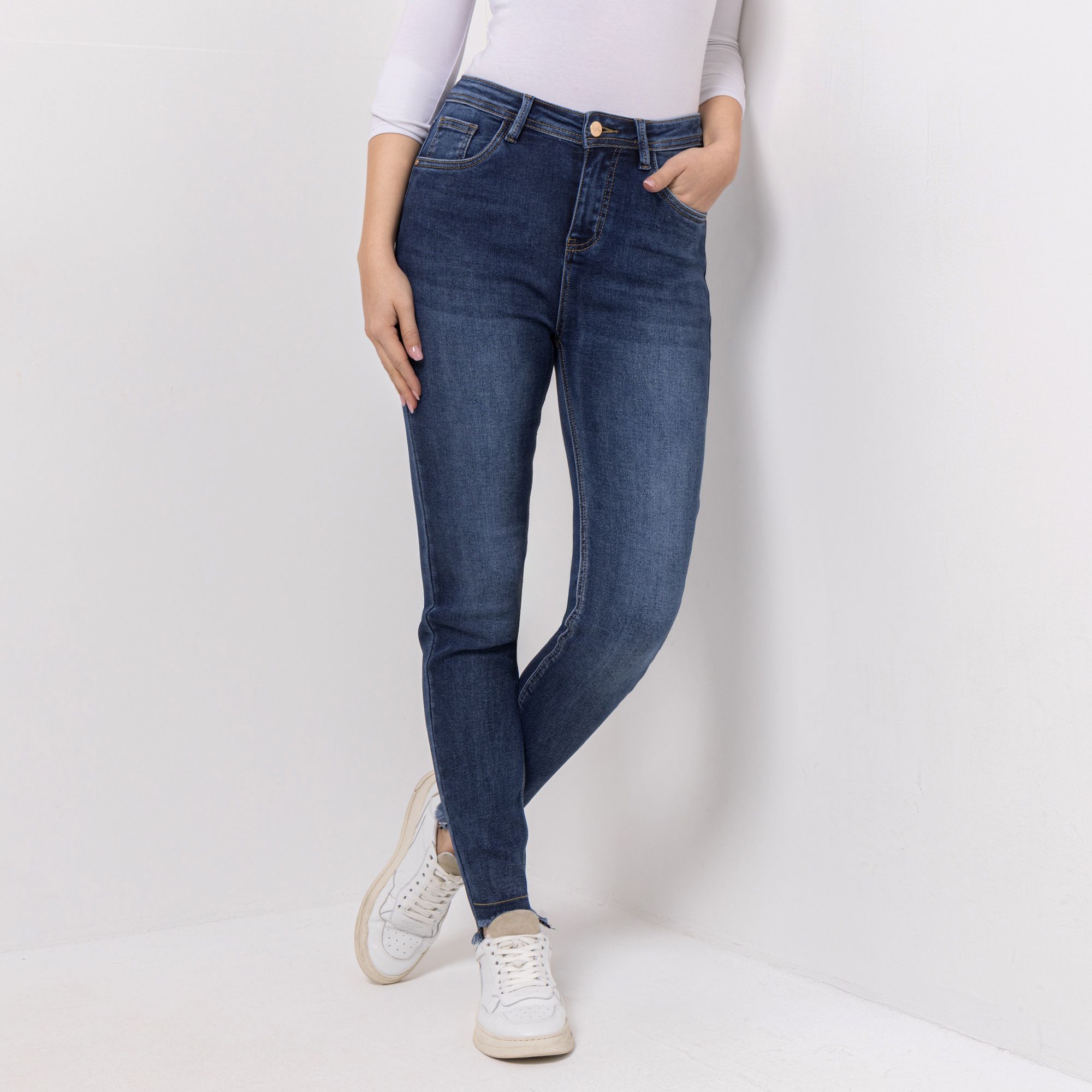 VIA MILANO Jeans, lange Form 5-Pocket-Style Fransensaum enges Bein