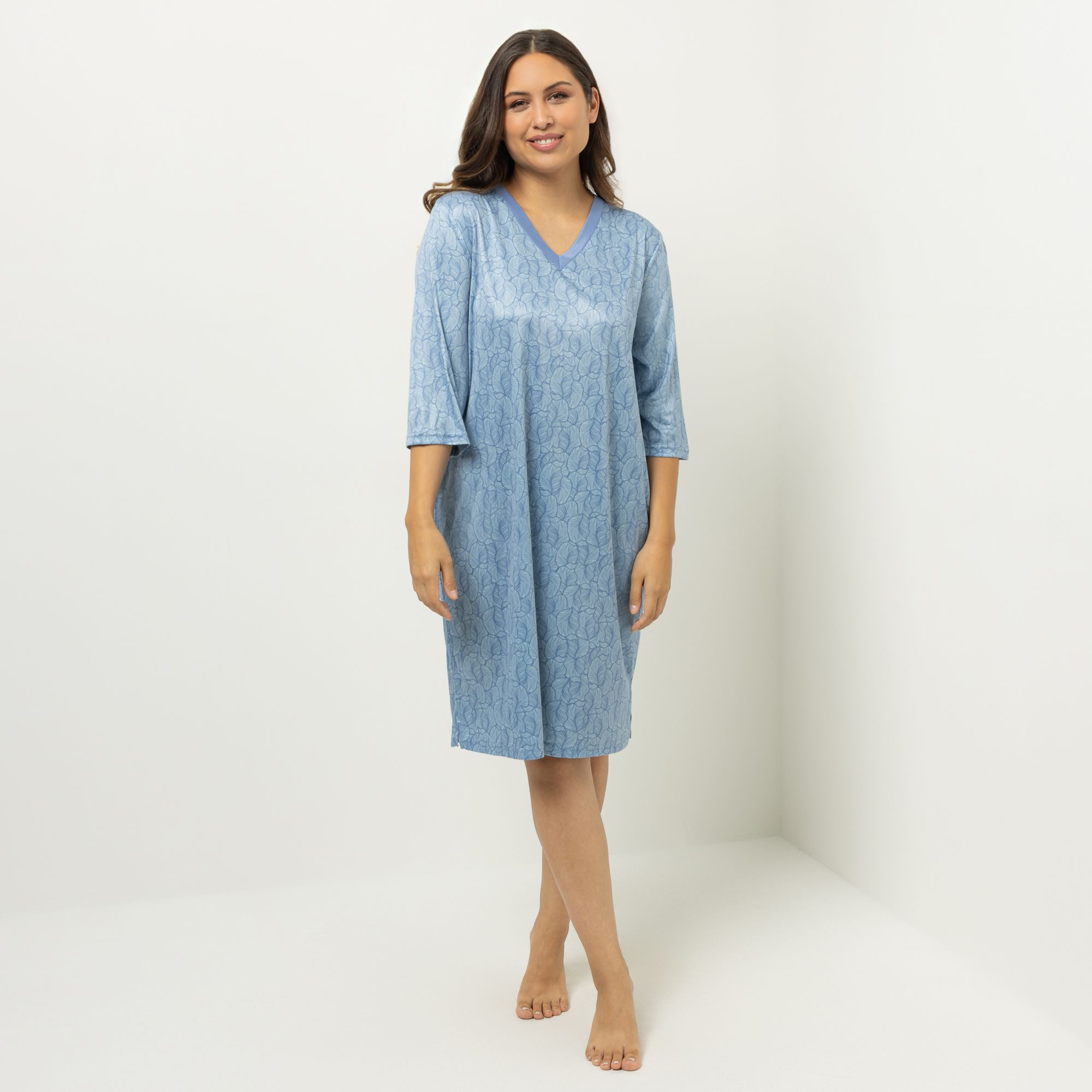 JERYMOOD HOMEWEAR Kleid, 3/4-Arm Mikrofaser V-Ausschnitt Seitenschlitze