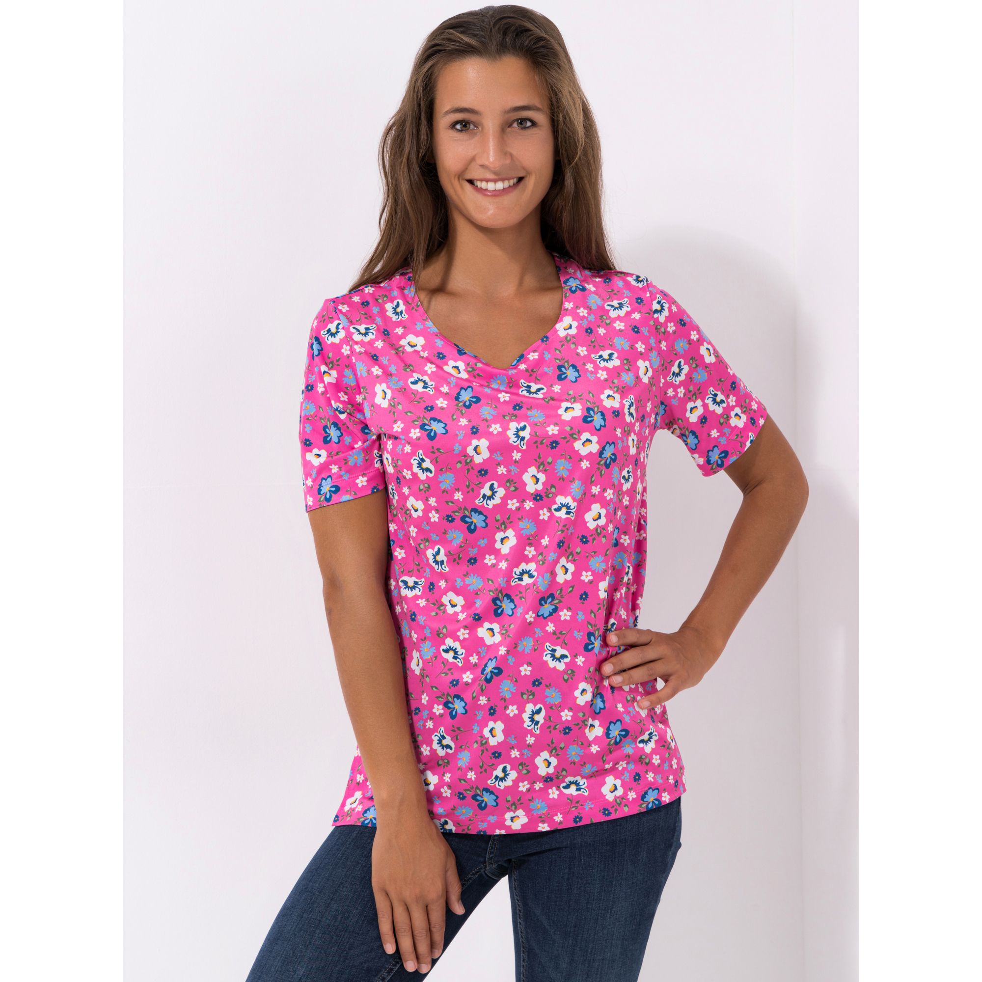 IN-PRINT Shirt, 1/2-Arm Herzausschnitt Seitenschlitze Blumendruck