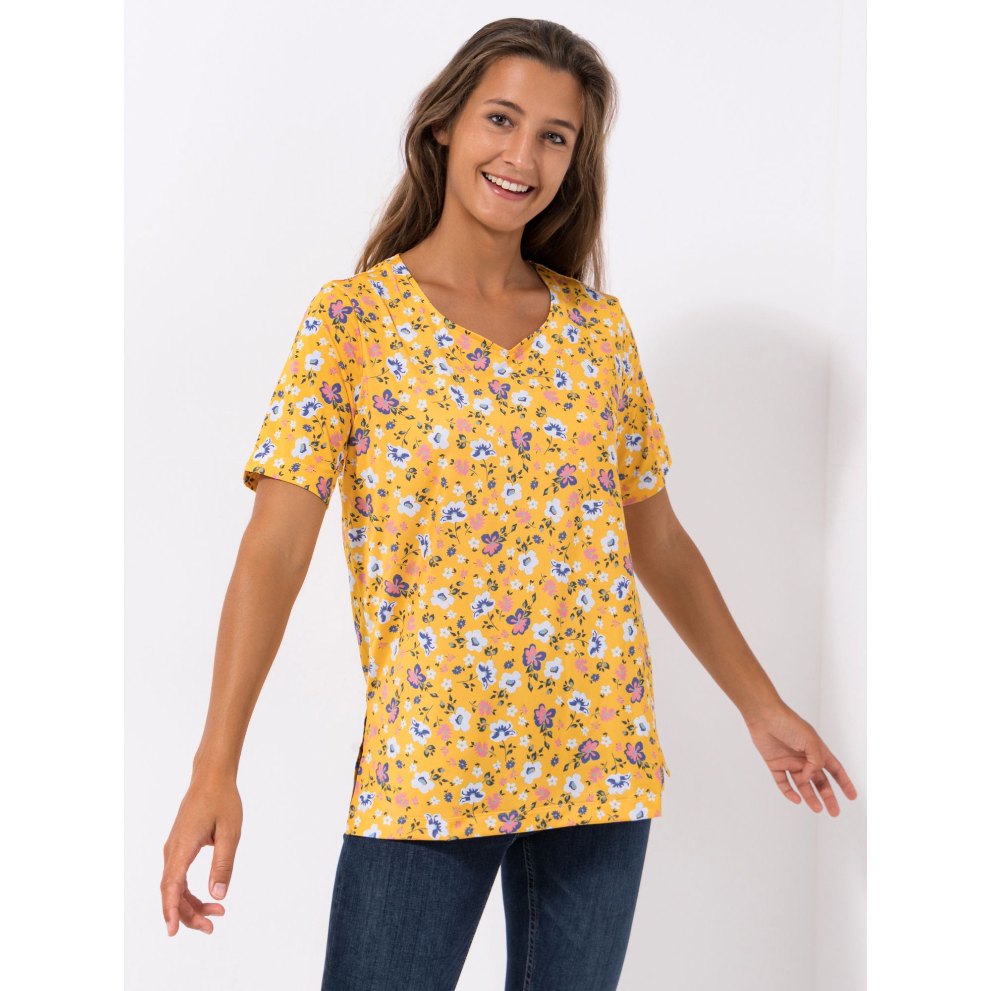 IN-PRINT Shirt, 1/2-Arm Herzausschnitt Seitenschlitze Blumendruck