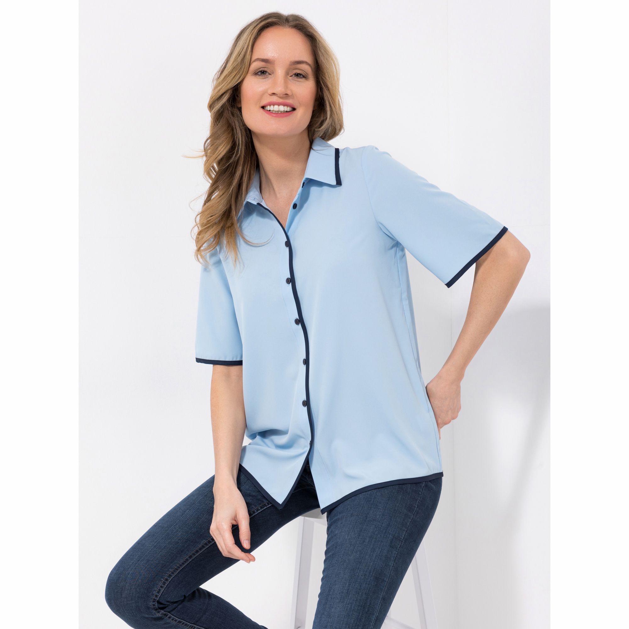 VIA MILANO Bluse, langer 1/2-Arm Kragen Knopfleiste Kontrastdetails