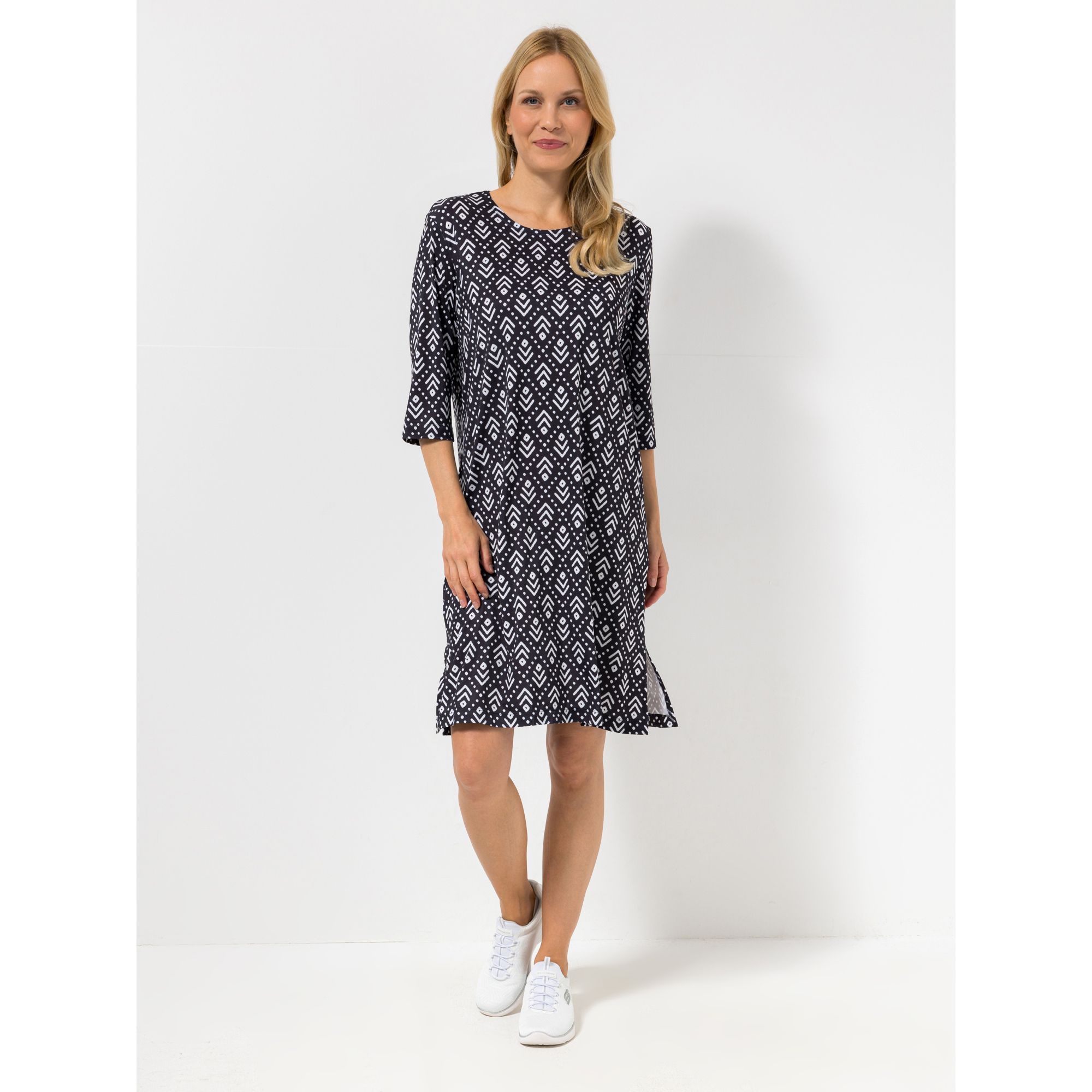 IN-PRINT Kleid, 3/4-Arm Rundhalsausschnitt Seitenschlitze leger-weit