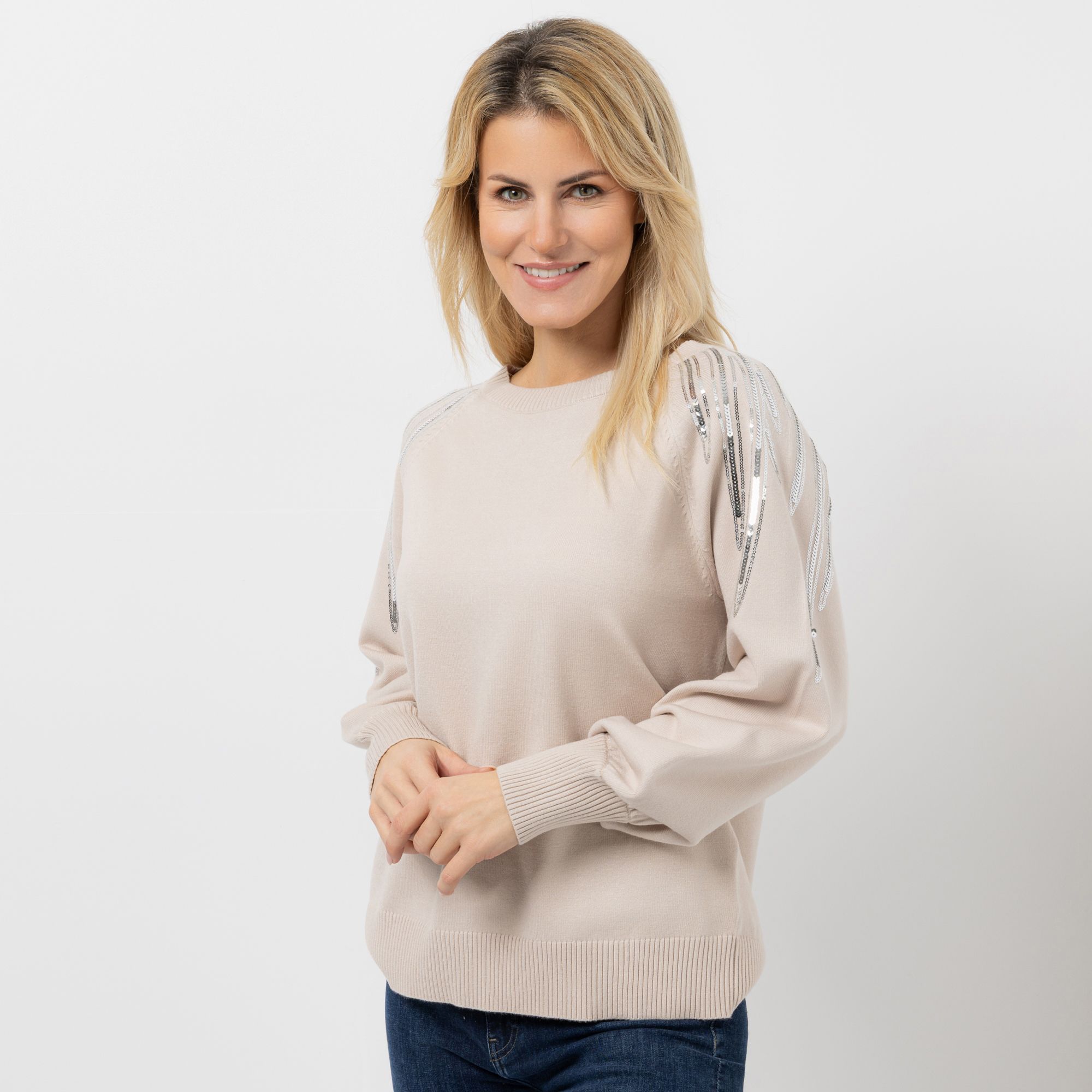 VIA MILANO Pullover, Raglanärmel Rundhalsausschnitt Pailletten-Details leger weit