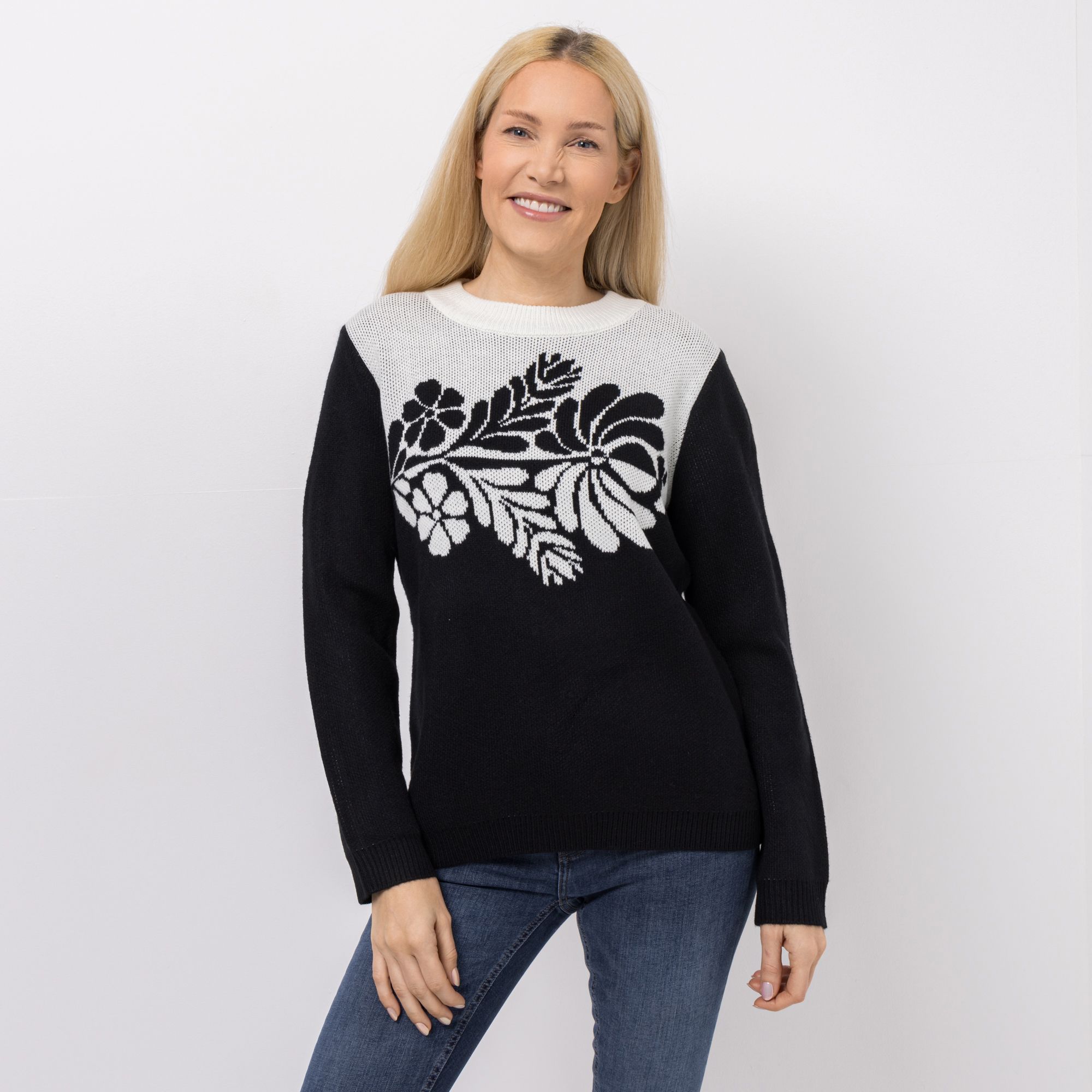 CASHMASOFT Pullover Rundhalsausschnitt Cashmeregriff Blumen-Jacquard