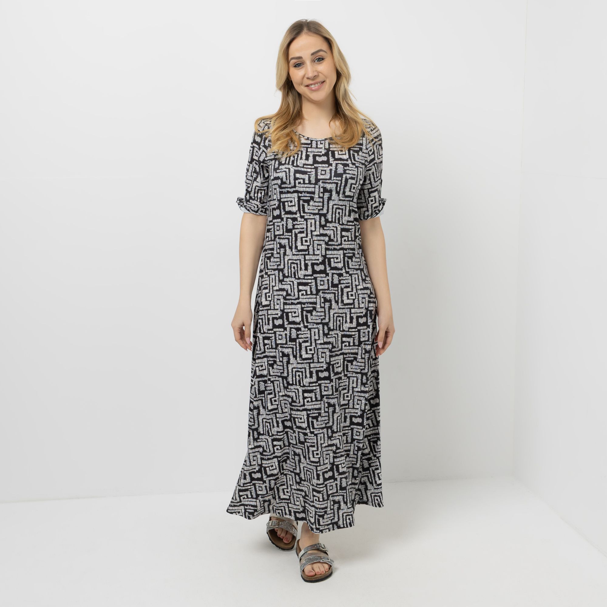 VIA MILANO Maxi-Kleid langer 1/2-Arm Jersey-Stretch ausgestellter Saum