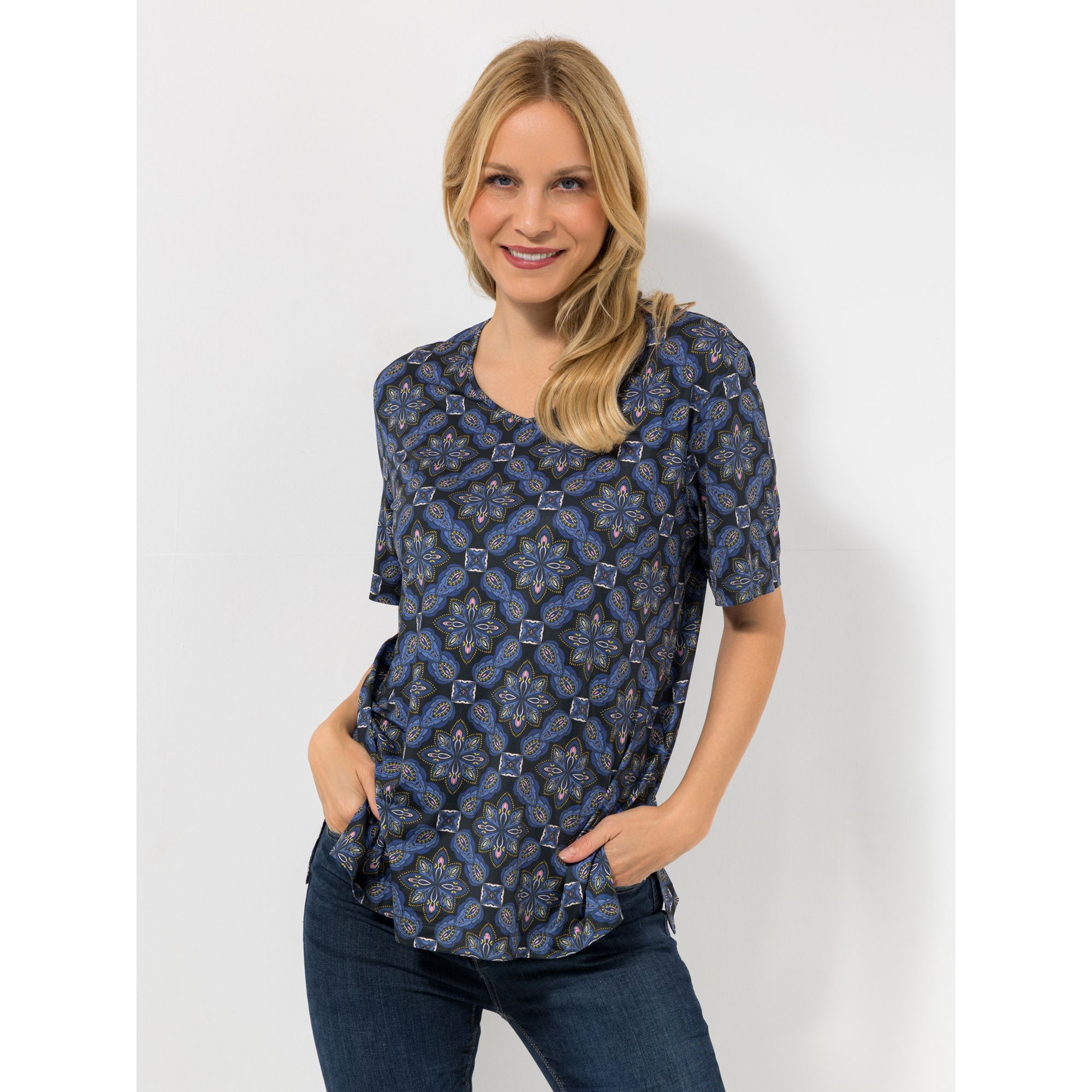 IN-PRINT Shirt, 1/2-Arm V-Ausschnitt Seitenschlitze leger-weit