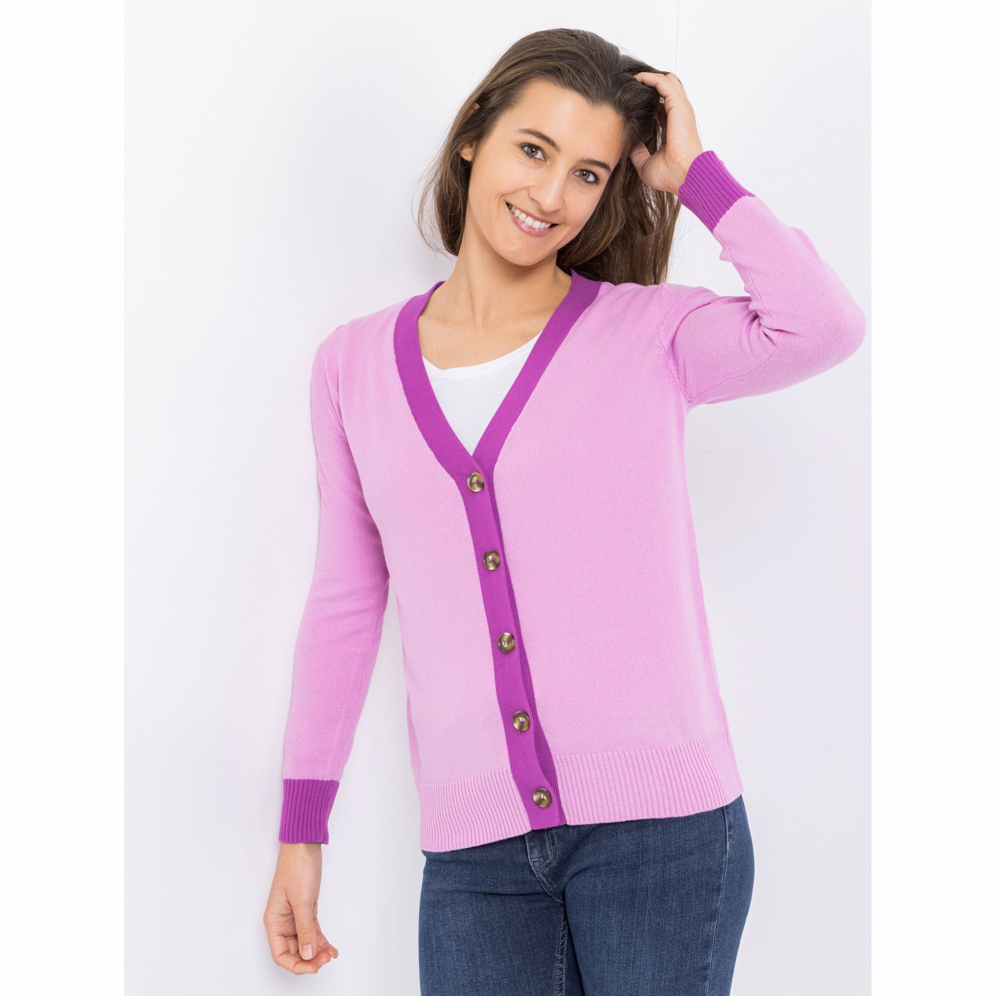 DENIM & CO. Strickjacke V-Ausschnitt Knopfleiste Kontrastdetails