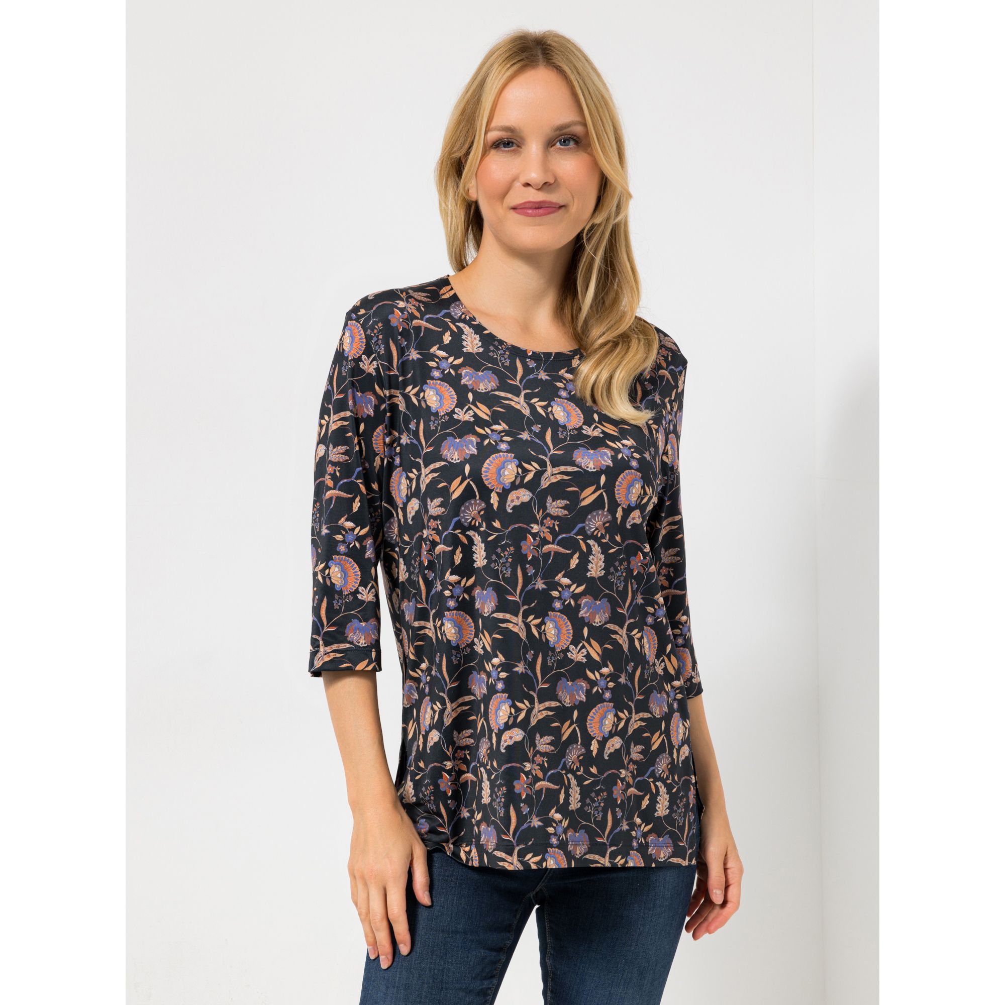 IN-PRINT Shirt, 3/4-Arm Rundhalsausschnitt Seitenschlitze leger-weit