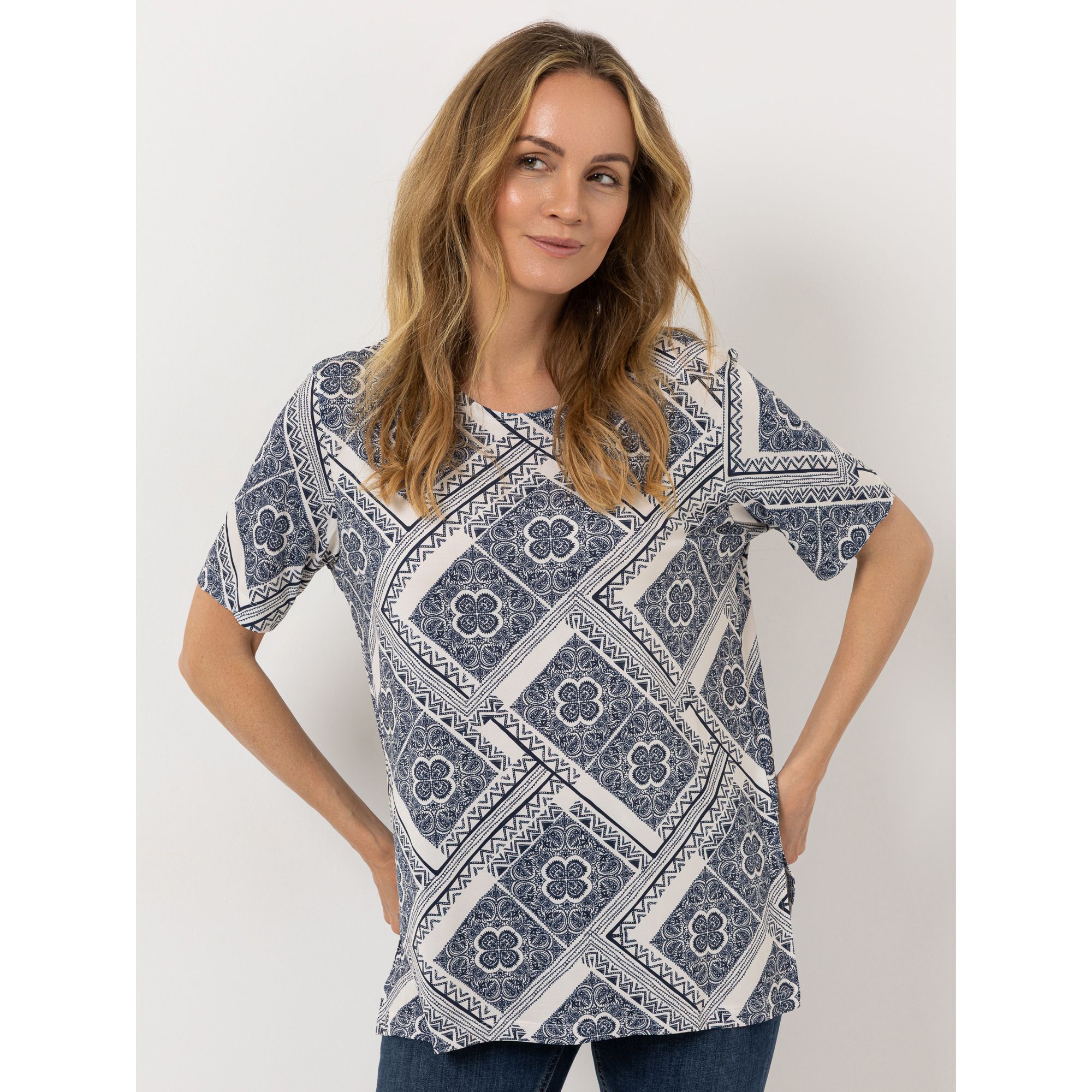 IN-PRINT Shirt-1/2 Arm Rundhalsausschnitt Seitenschlitze Allover-Druck